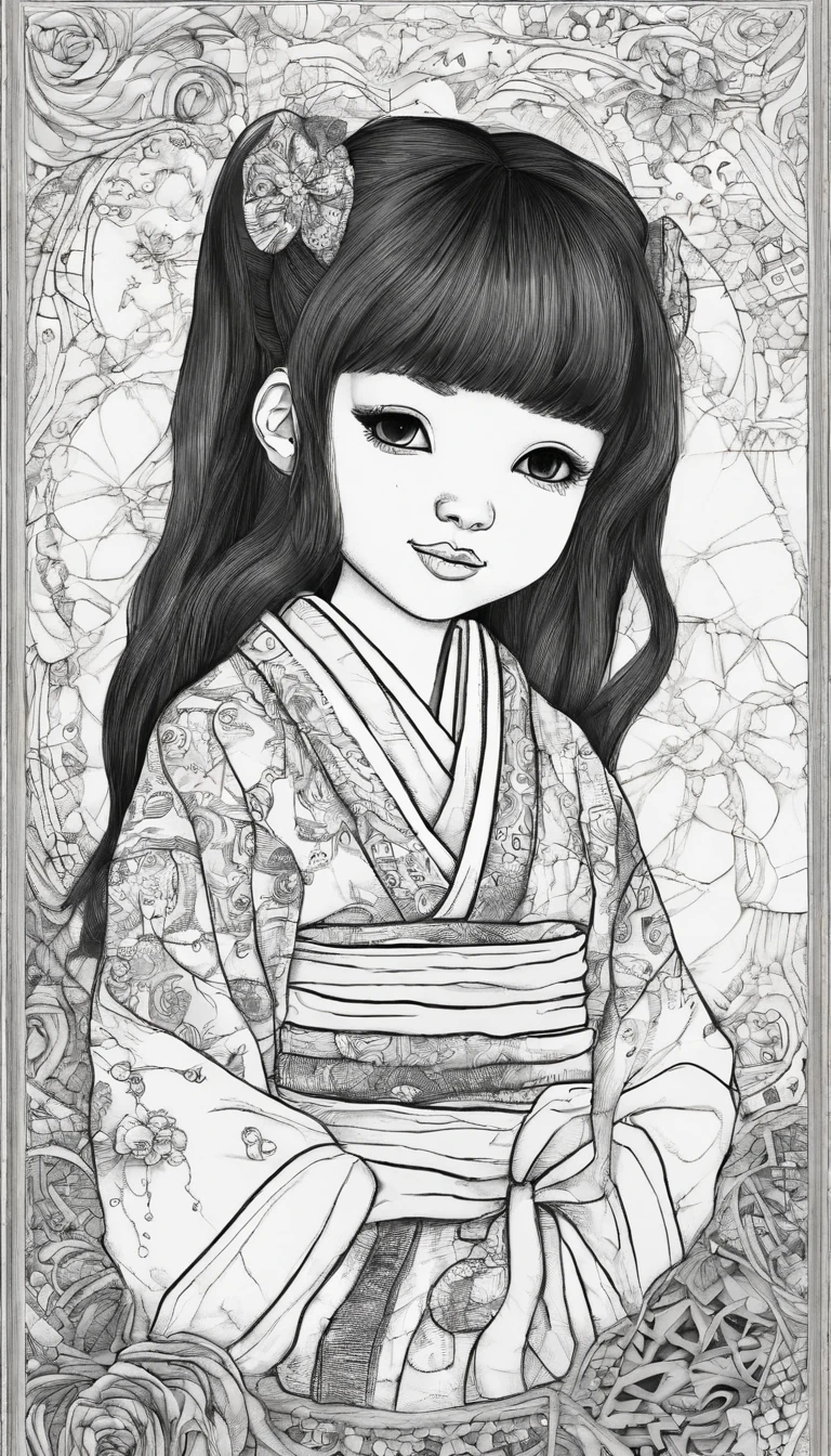 "Create a cute cartoon style drawing, A 7-year-old Japanese girl smiling slightly, Similar to Blythe dolls. She wears a kimono, The brunette is styled as Bob, Dark eyes, Cute little nose, and slender figure. The girl stood facing forward，Hang your hands at your sides, Legs straight, and feet pointing forward.full bodyesbian，Barefoot，Shoot at medium distance"