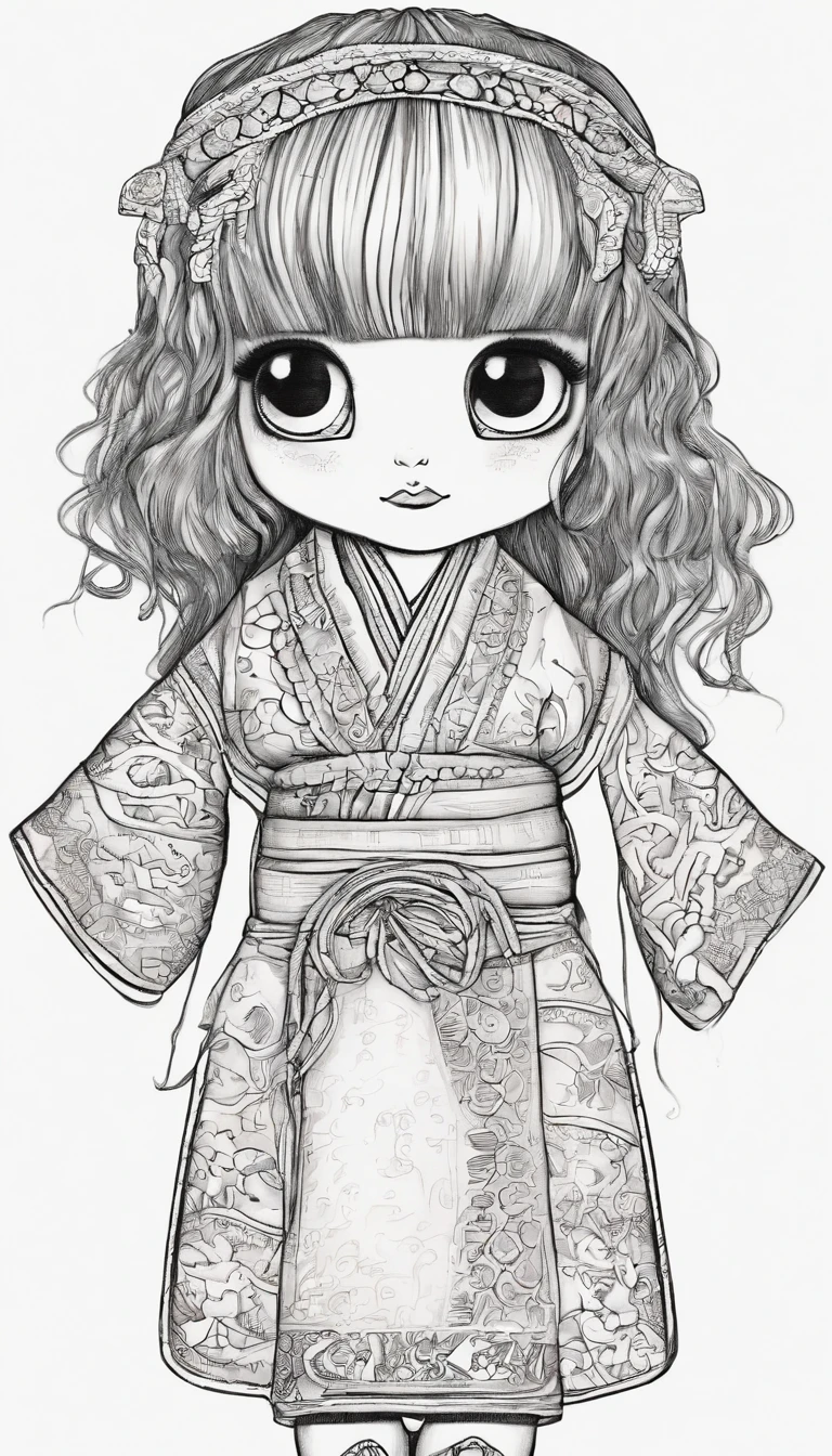 "Create a cute cartoon style drawing, A 7-year-old Japanese girl smiling slightly, Similar to Blythe dolls. She wears a kimono, The brunette is styled as Bob, Dark eyes, Cute little nose, and slender figure. The girl stood facing forward，Hang your hands at your sides, Legs straight, and feet pointing forward.full bodyesbian，Barefoot，Shoot at medium distance"