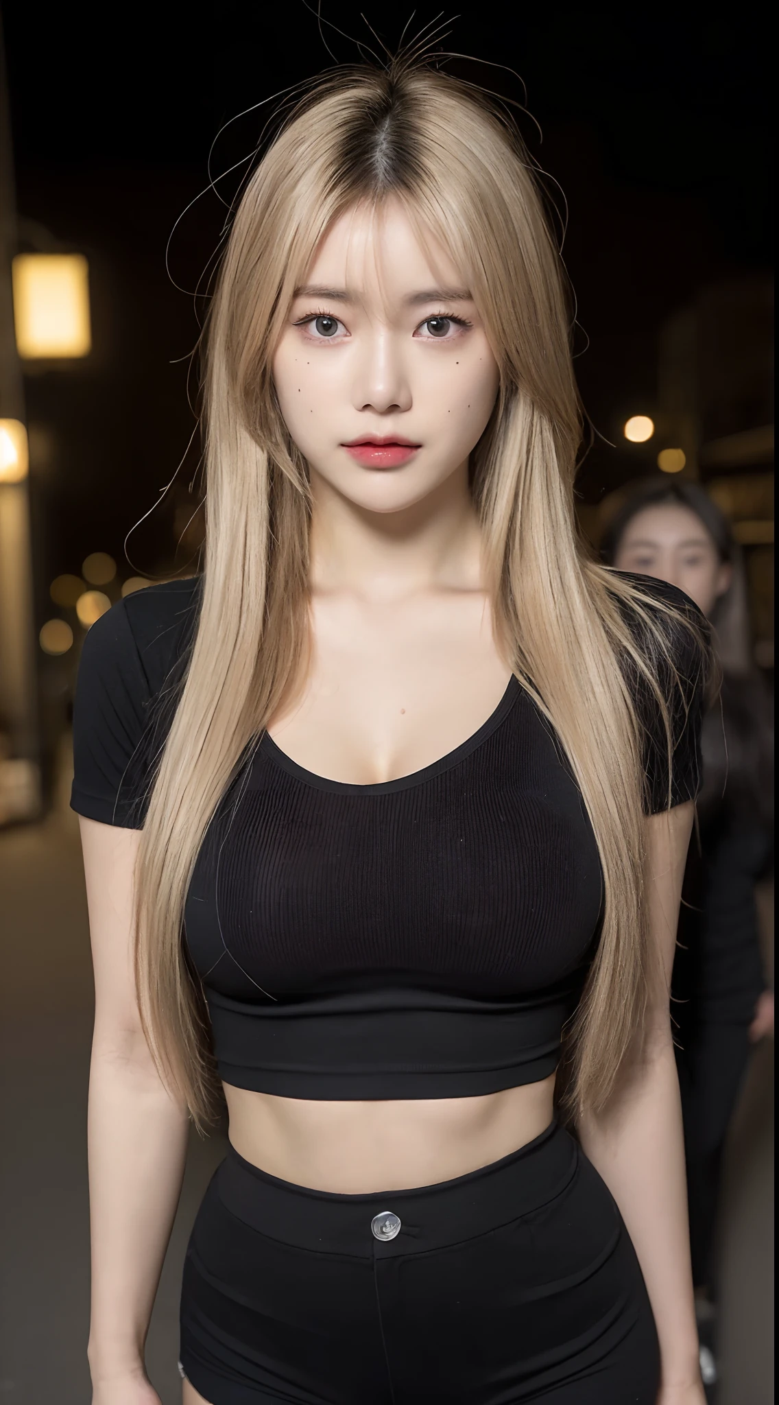 ((Best Quality, 8K, Masterpiece: 1.3)), (Japanese Cap: 1.3), Focus: 1.2, Perfect Body Beauty: 1.4, Buttocks: 1.2, (Layered Haircut: 1.2)), (Dark Street: 1.3), Highly Detailed Face and Skin Texture, Fine Eyes, Double Eyelids, Whitened Skin, Long Hair, (Round Face: 1.5), (Short Sleeves, Shorts: 1.6), mole under left eyes, big breasts, huge breast, perfect abs, perfect slim, blonde hair,