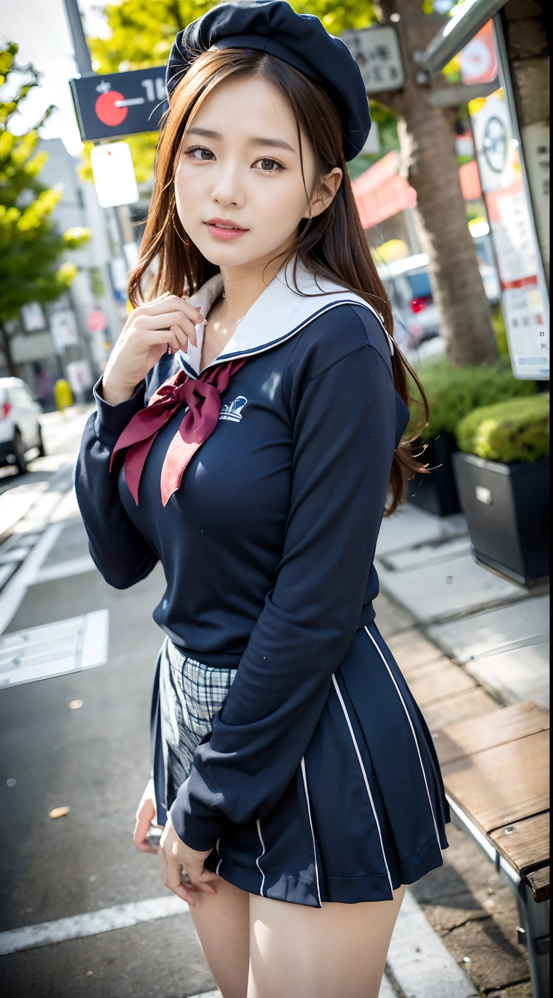 mix4, (16 K, Raw photography, Top image quality, masterpiece: 1.45), (realisitic, Photorealsitic: 1.37), one girls, 7.5, etc、Standing figure,cute little, A city scape,, profetional lighting, photon maping, Cityscape with street trees, physically-based renderingt, Gradient dark brown hair,, a handsome, Well-groomed and beautiful eyes、Large double eyelids、Very shiny、girl with, (((student clothes、Long sleeve sailor suit worn by Japan schoolgirl、red cuffs、Dark blue over-the-knee skirt, Gray beret、Dark blue knee-high socks、Black loafers))), Top Quality Photos, hight resolution, 1080p, (clearface), (Detailed face description), (Detailed hand description), (masterpiece), (Exquisite CG)、extreme light and shadows、dishevled hair、master work、abundant detail、(Fine facial features)、(top quality photo)、(masuter piece)、(A detailed eye)、Look in front of you、Fine clavicle、((Slender big))、(((Japan schoolgirl in long-sleeved sailor suit)))、((Sexy Idol System))、((Boulevard with street trees、Bus stop、timetable、Benches))、(Shooting from random perspectives)、(((Anyway cute)))、耳Nipple Ring、A big smile、Drawing the whole body from the knees、Do not draw nasolabial folds、(((shopping bags)))、(Big breasts that hang down big:0.7)、Big buttocks with tension、Two arms and two legs、(((from the front side:0.5)))、bare hand、