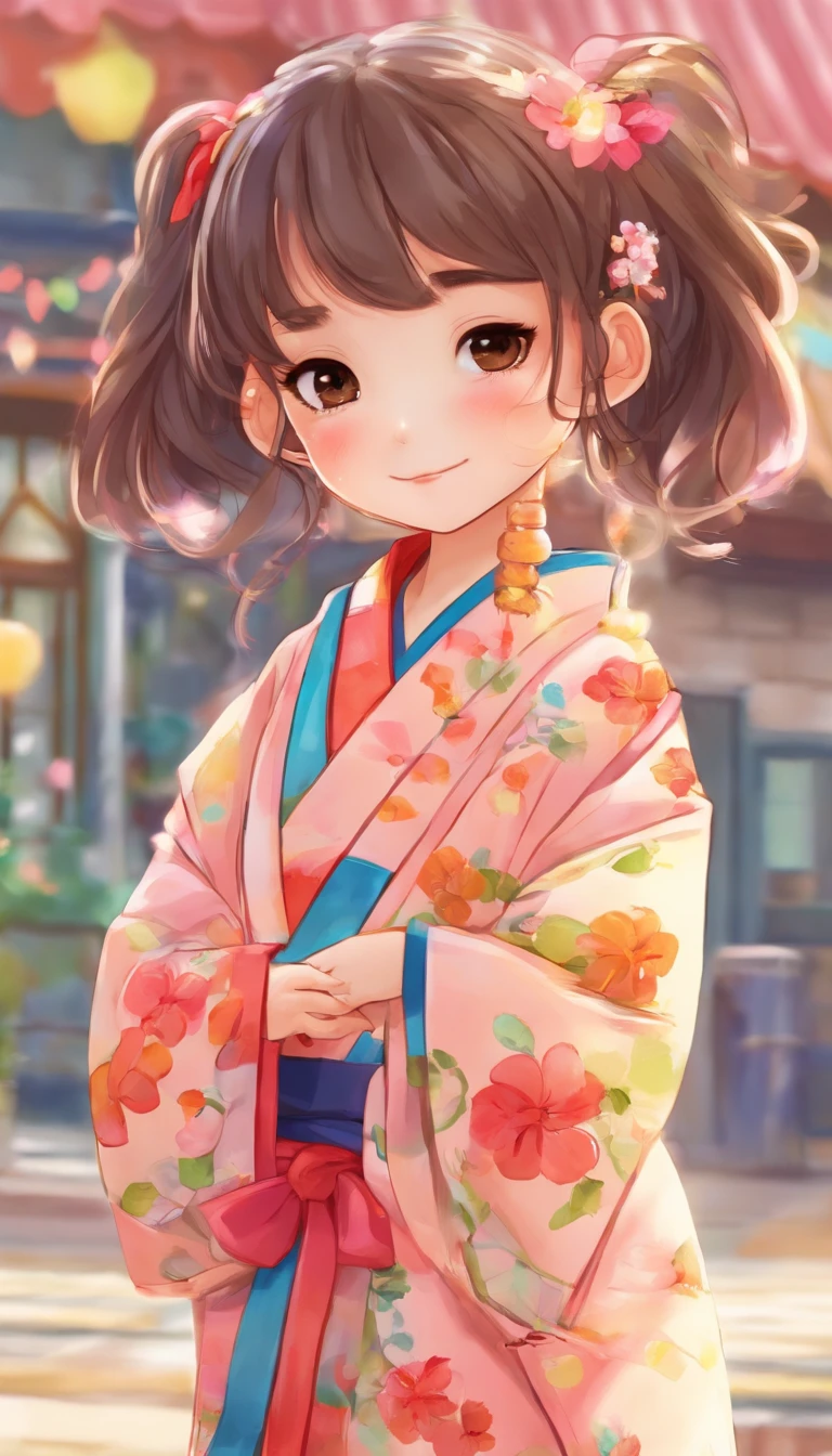 "Create a cute cartoon style drawing, A 7--old anese girl smiling slightly, Similar to Blythe dolls. She wears a kimono, The brunette is styled as Bob, Dark eyes, Cute little nose, and slender figure. The girl stood facing forward，Hang your hands at your sides, Legs straight, and feet pointing forward.full bodyesbian，Barefoot，Shoot at medium distance"