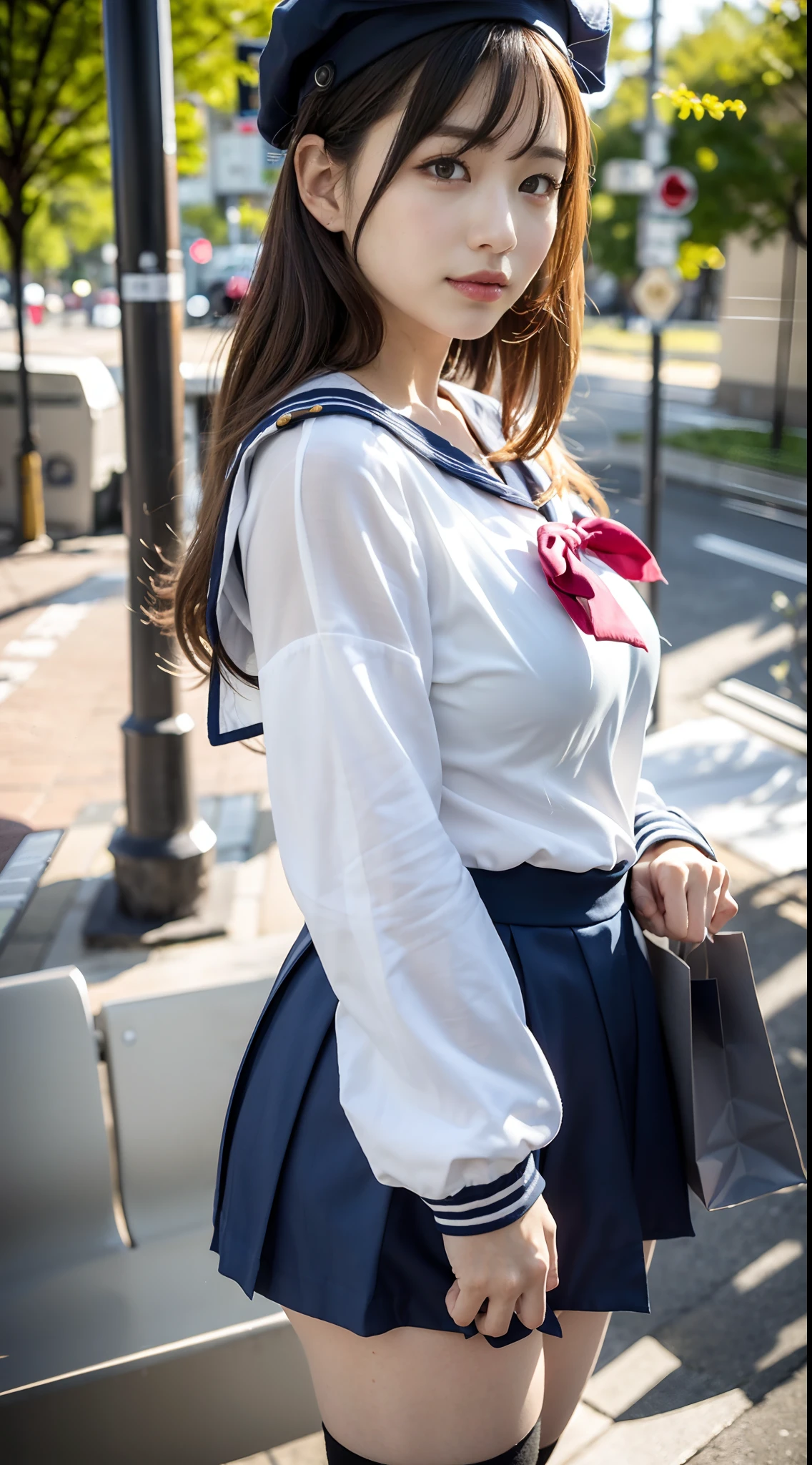 mix4, (16 K, Raw photography, Top image quality, masterpiece: 1.45), (realisitic, Photorealsitic: 1.37), one girls, 7.5, etc、Standing figure,cute little, A city scape,, profetional lighting, photon maping, Cityscape with street trees, physically-based renderingt, Gradient dark brown hair,, a handsome, Well-groomed and beautiful eyes、Large double eyelids、Very shiny、girl with, (((student clothes、Long sleeve sailor suit worn by Japan schoolgirl、red cuffs、Dark blue over-the-knee skirt, Gray beret、Dark blue knee-high socks、Black loafers))), Top Quality Photos, hight resolution, 1080p, (clearface), (Detailed face description), (Detailed hand description), (masterpiece), (Exquisite CG)、extreme light and shadows、dishevled hair、master work、abundant detail、(Fine facial features)、(top quality photo)、(masuter piece)、(A detailed eye)、Look in front of you、Fine clavicle、((Slender big))、(((Japan schoolgirl in long-sleeved sailor suit)))、((Sexy Idol System))、((Boulevard with street trees、Bus stop、timetable、Benches))、(Shooting from random perspectives)、(((Anyway cute)))、耳Nipple Ring、A big smile、Drawing the whole body from the knees、Do not draw nasolabial folds、(((shopping bags)))、(Big breasts that hang down big:0.7)、Big buttocks with tension、Two arms and two legs、(((from the front side:0.5)))、bare hand、