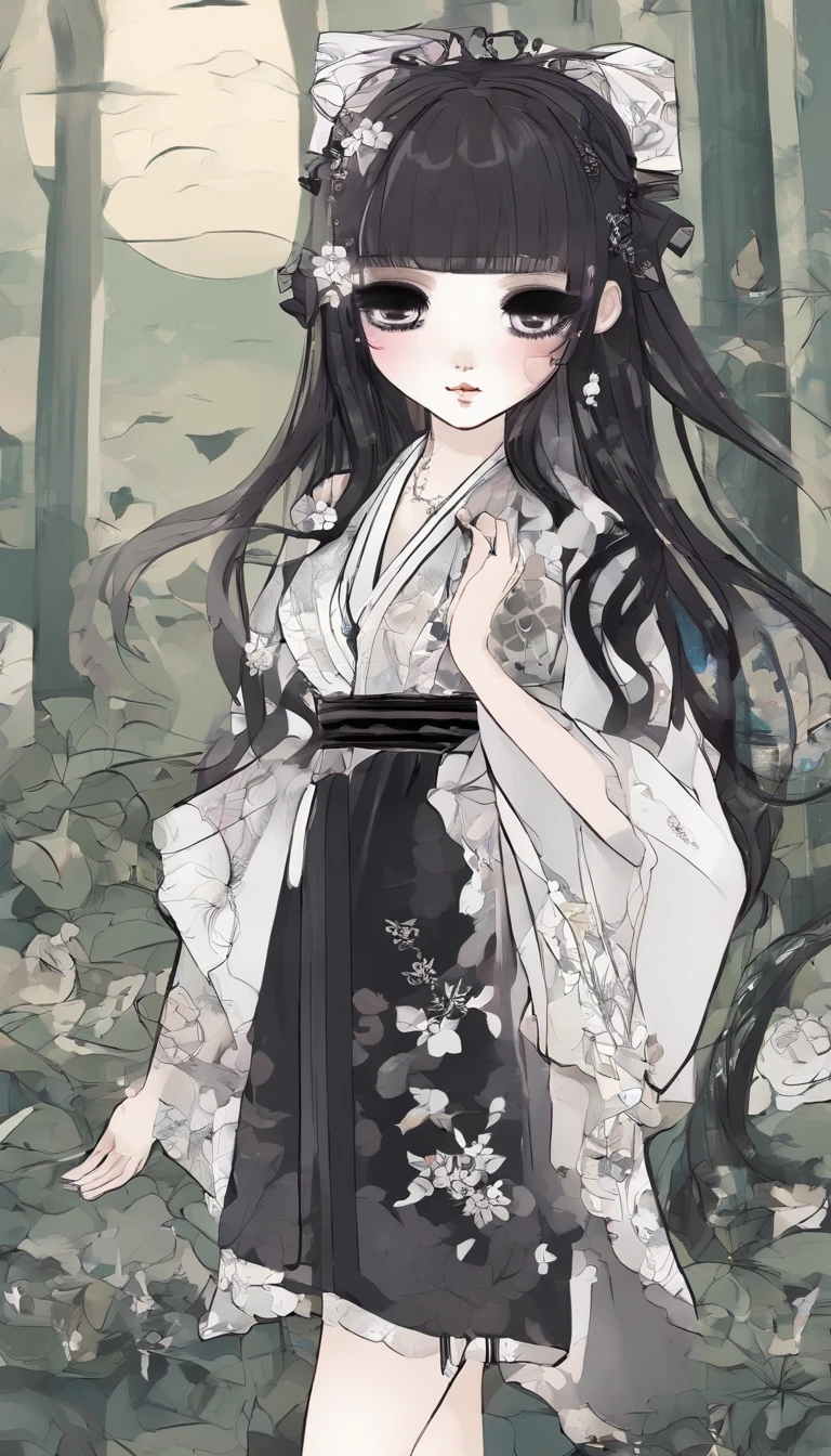 "Create a cute cartoon style drawing, A 7--old anese girl smiling slightly, Similar to Blythe dolls. She wears a kimono, The brunette is styled as Bob, Dark eyes, Cute little nose, and slender figure. The girl stood facing forward,Hang your hands at your sides, Legs straight, and feet pointing forward.full bodyesbian,Barefoot,Shoot at medium distance"