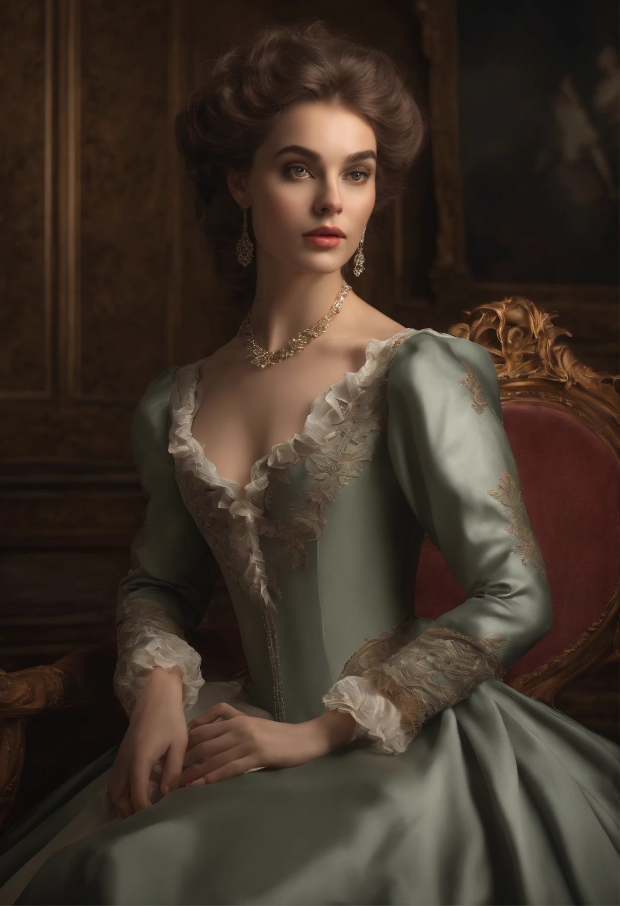 A woman in a green dress sitting on a red chair - SeaArt AI
