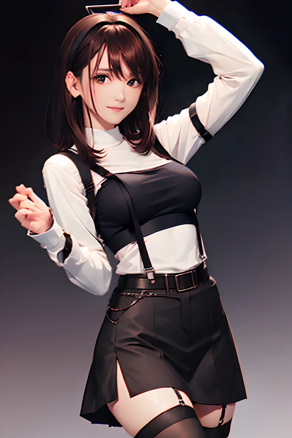 Black skirt, 　suspenders, Brown hair Gray eyes, Garter belt on the legs, Tight clothes, 　　 a belt　Armpit sweat　　Dark look　Moderately breasts　holster　chain　Katyusha