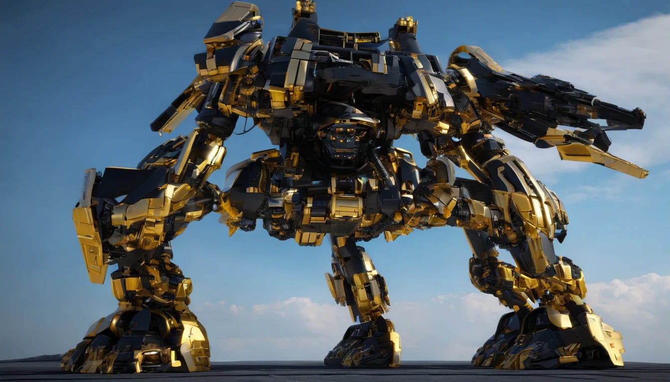 a giant mecha inspired from gundam, in a wharehouse, black and gold, glowing eyes, from below, perspective, best quality, super detail, masterpiece, 8k, 16k