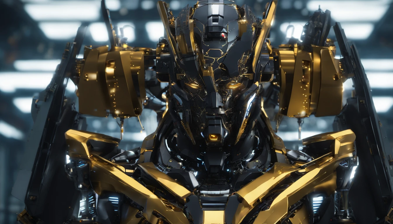 a giant mecha inspired from gundam, in a wharehouse, black and gold, glowing eyes, from below, perspective, best quality, super detail, masterpiece, 8k, 16k
