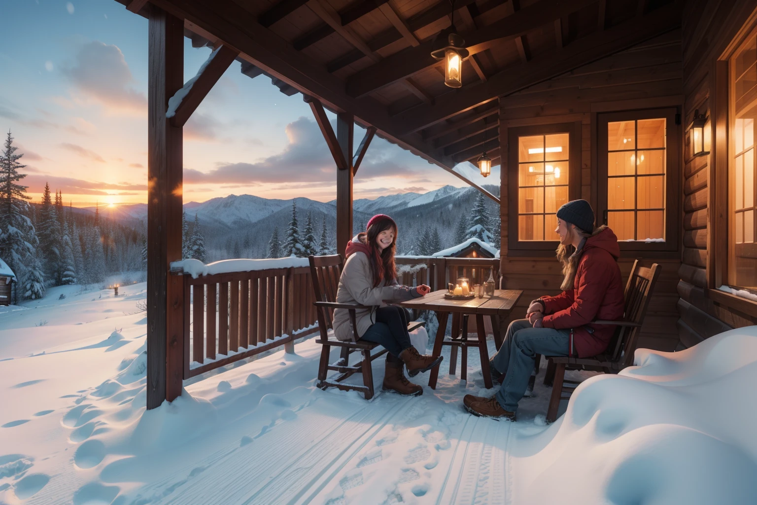 Cool couple just chilling sitting in the porch of a wood cabin in a snowy mountain, colourful winter clothing, smiling, sunset, bushes and trees with snow, highly detailed. Photorealistic.