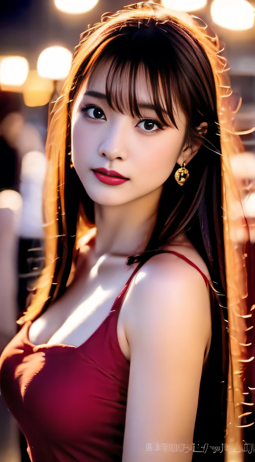 top-quality。8K-Picture。Ultra-high pixel。The background is the city at night。girl with。hair is long and slightly wavy,,,,,,,,,,,,,,,,,,,,,,,,,,,,,,,,,,,,,,,,,,,,,,,,,,,,,,,,,,,,,,,,,,。The color is dark brown。Glamour style、((huge-breasted:1.8))。wearing red dress、Photos dancing brilliantly。Delicate finish overall。The body line is gorgeous。legs are long、Wear red high heels。((Hair shines like a reflection of the street。The eyeball reflects the surrounding landscape。The skin is wet with night dew))。Almost perfect woman。((time々In close-up of the upper body))。The second highlighted part々I want you to express it in close-ups。