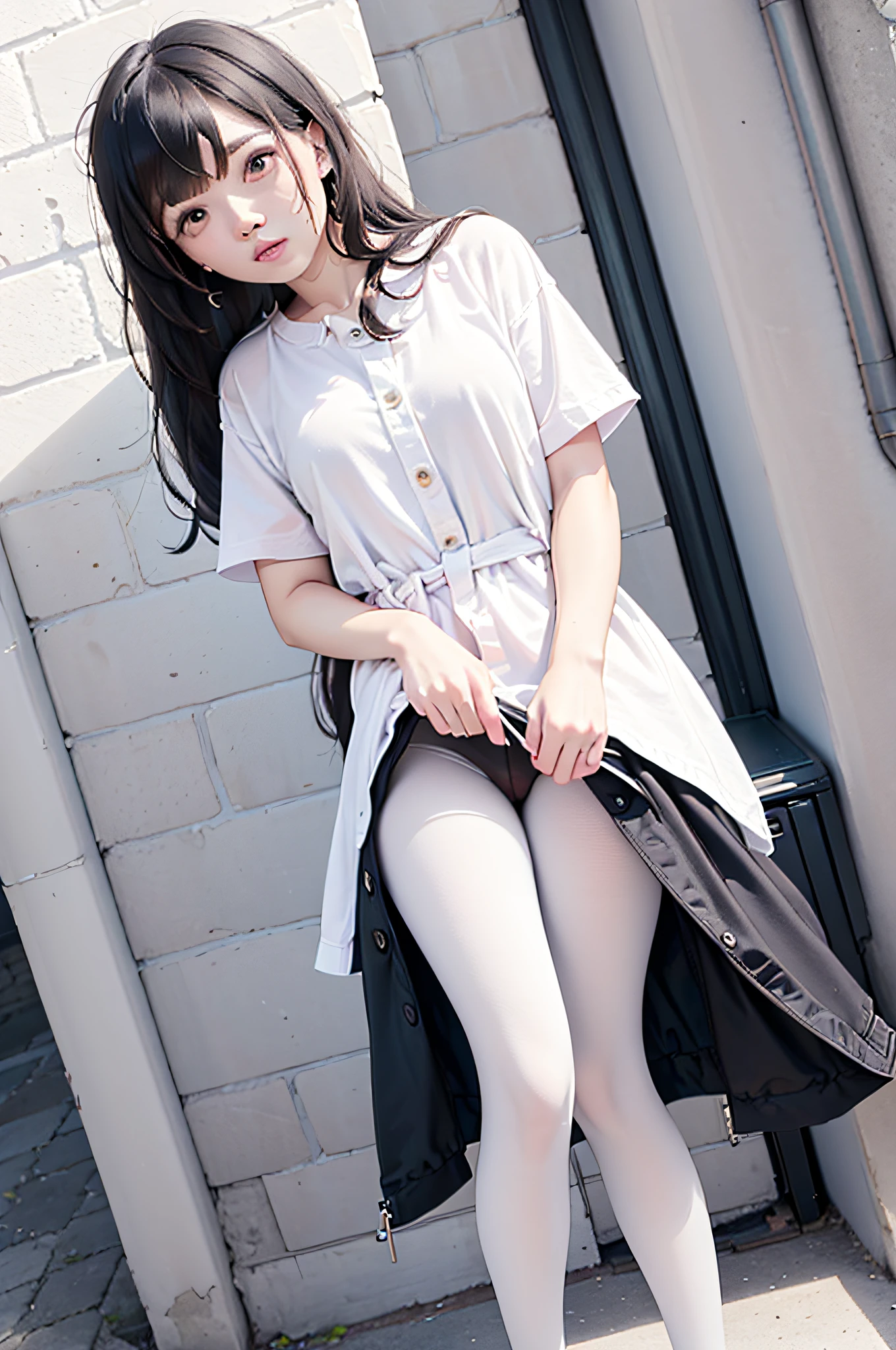 Photo of Pho3B3Cat3S, Beautiful woman, ((24 years old)), street, short skirt, 1980s, Retro, Long wavy brunette with ponytail, (Masterpiece), (Extremely detailed Cg Unity 8K wallpaper), Intricate, ((Photorealistic)),Perfect lighting, Solo, shiny long black hair、a cute young woman,stocklings,lacepantyhose
