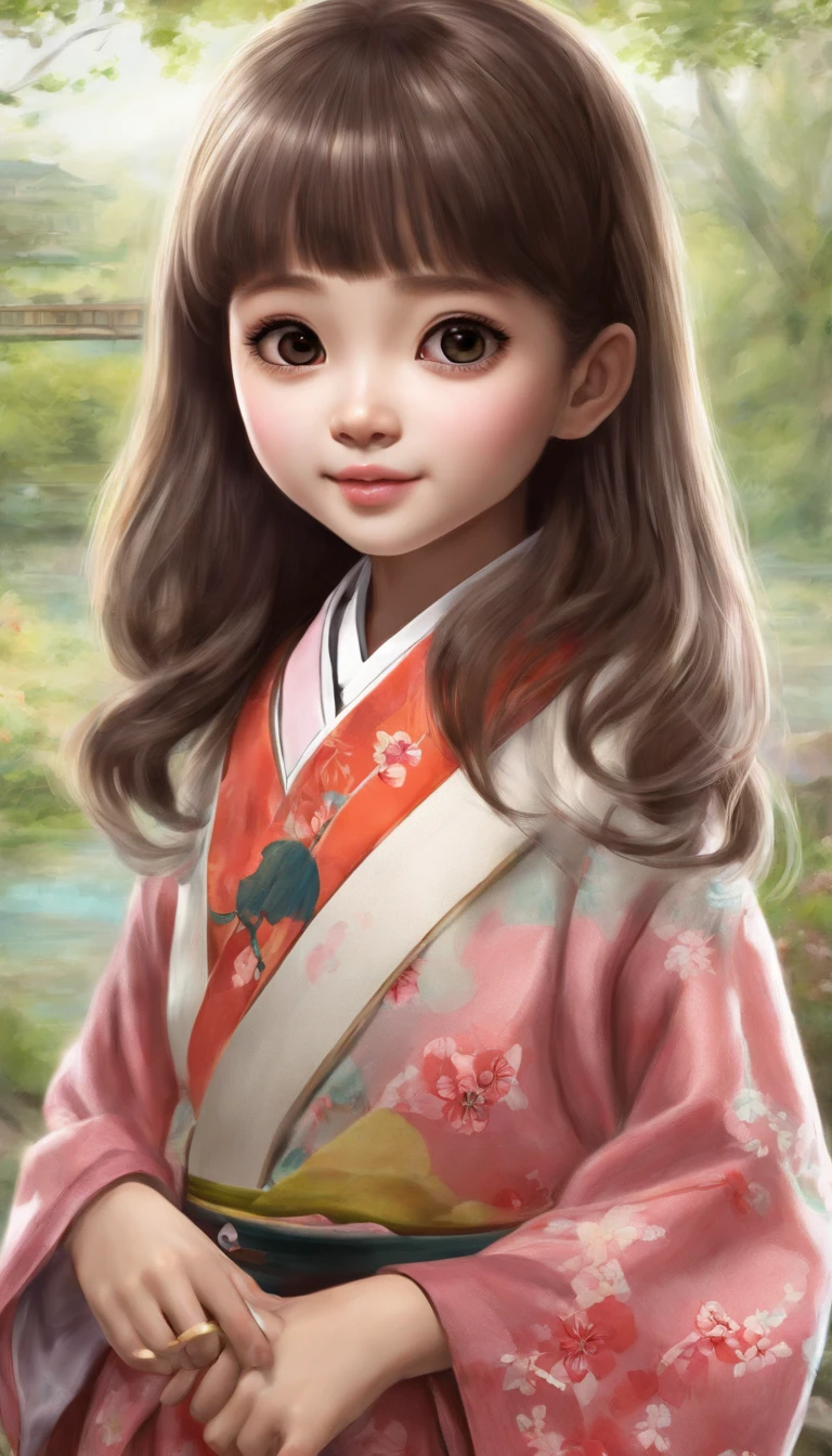 "Create a cute cartoon style drawing, A 7-year-old Japanese girl smiling slightly, Similar to Blythe dolls. She wears a kimono, The brunette is styled as Bob, Dark eyes, Cute little nose, and slender figure. The girl stood facing forward,Hang your hands at your sides, Legs straight, and feet pointing forward.full bodyesbian,Barefoot,Shoot at medium distance"
