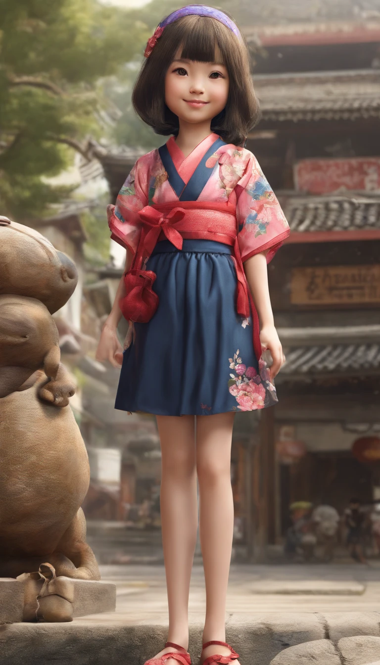 "Create a cute cartoon style drawing, A 7--old anese girl smiling slightly, Similar to Blythe dolls. She wears a kimono, The brunette is styled as Bob, Dark eyes, Cute little nose, and slender figure. The girl stood facing forward，Hang your hands at your sides, Legs straight, and feet pointing forward.full bodyesbian，Barefoot，Shoot at medium distance"