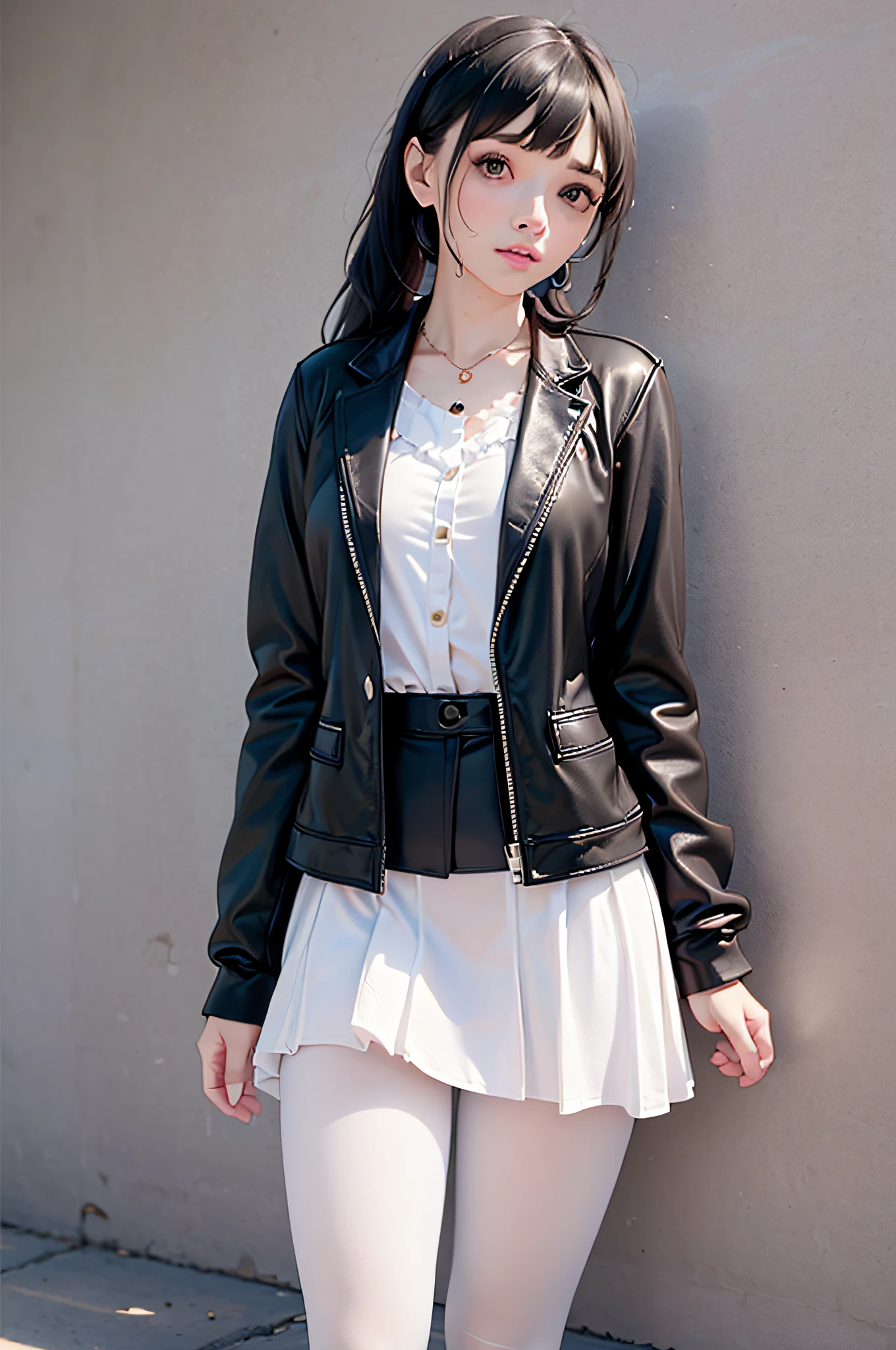 Photo of Pho3B3Cat3S, Beautiful woman, ((24 years old)), street, short skirt, 1980s, Retro, Long wavy brunette with ponytail, (Masterpiece), (Extremely detailed Cg Unity 8K wallpaper), Intricate, ((Photorealistic)),Perfect lighting, Solo, shiny long black hair、a cute young woman,stocklings,lacepantyhose