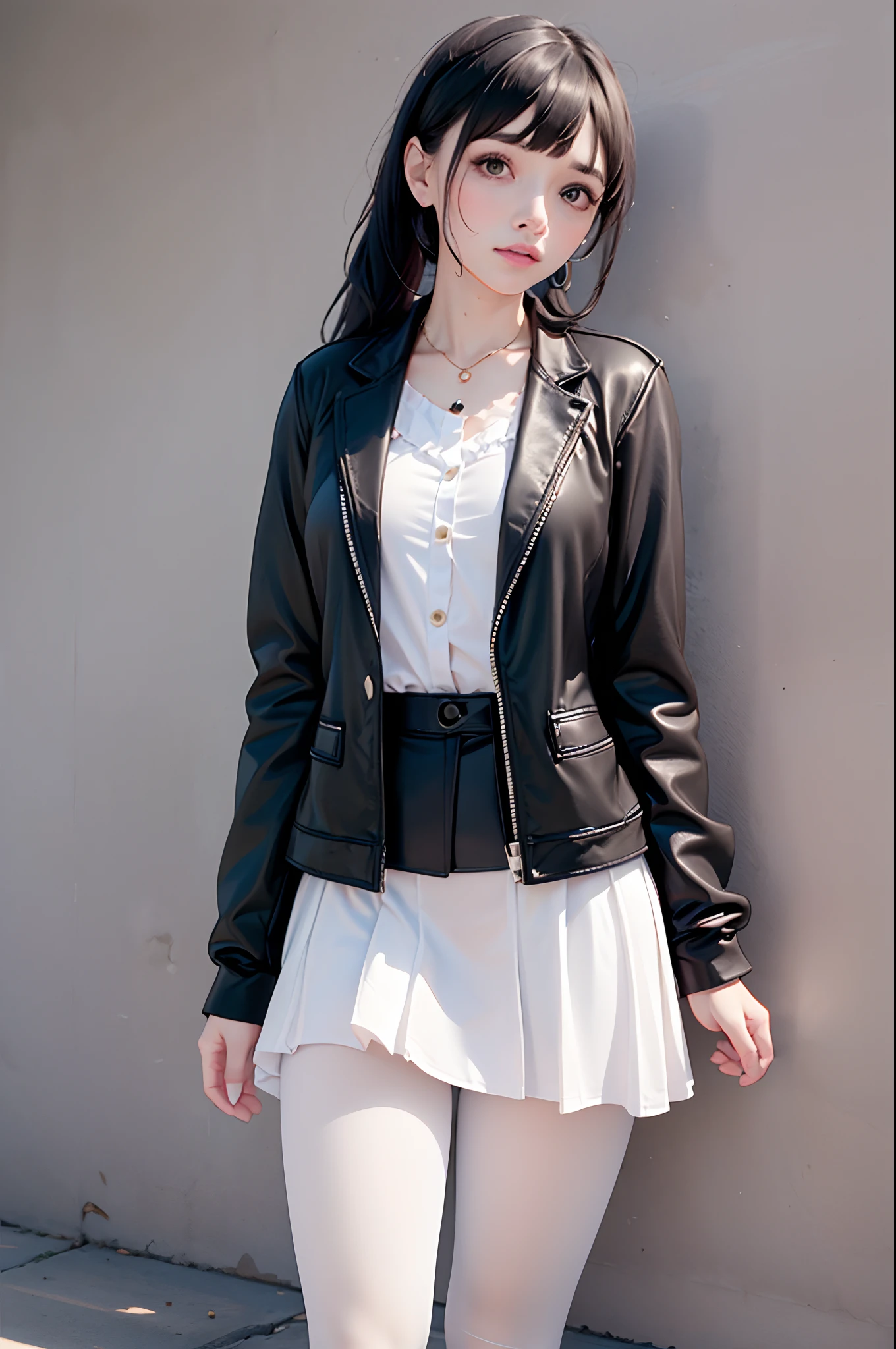 Photo of Pho3B3Cat3S, Beautiful woman, ((24 years old)), street, short skirt, 1980s, Retro, Long wavy brunette with ponytail, (Masterpiece), (Extremely detailed Cg Unity 8K wallpaper), Intricate, ((Photorealistic)),Perfect lighting, Solo, shiny long black hair、a cute young woman,stocklings,lacepantyhose