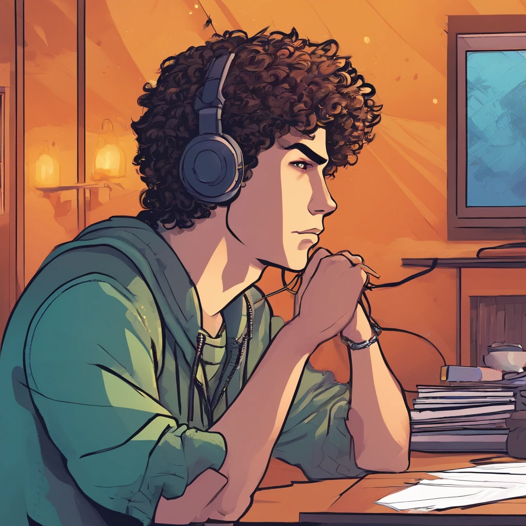 19 anos, adolescente, homem com cabelo amarrado, com microfone de mesa, em um quarto a noite, focado no rosto, PC on the side with some open editing program
