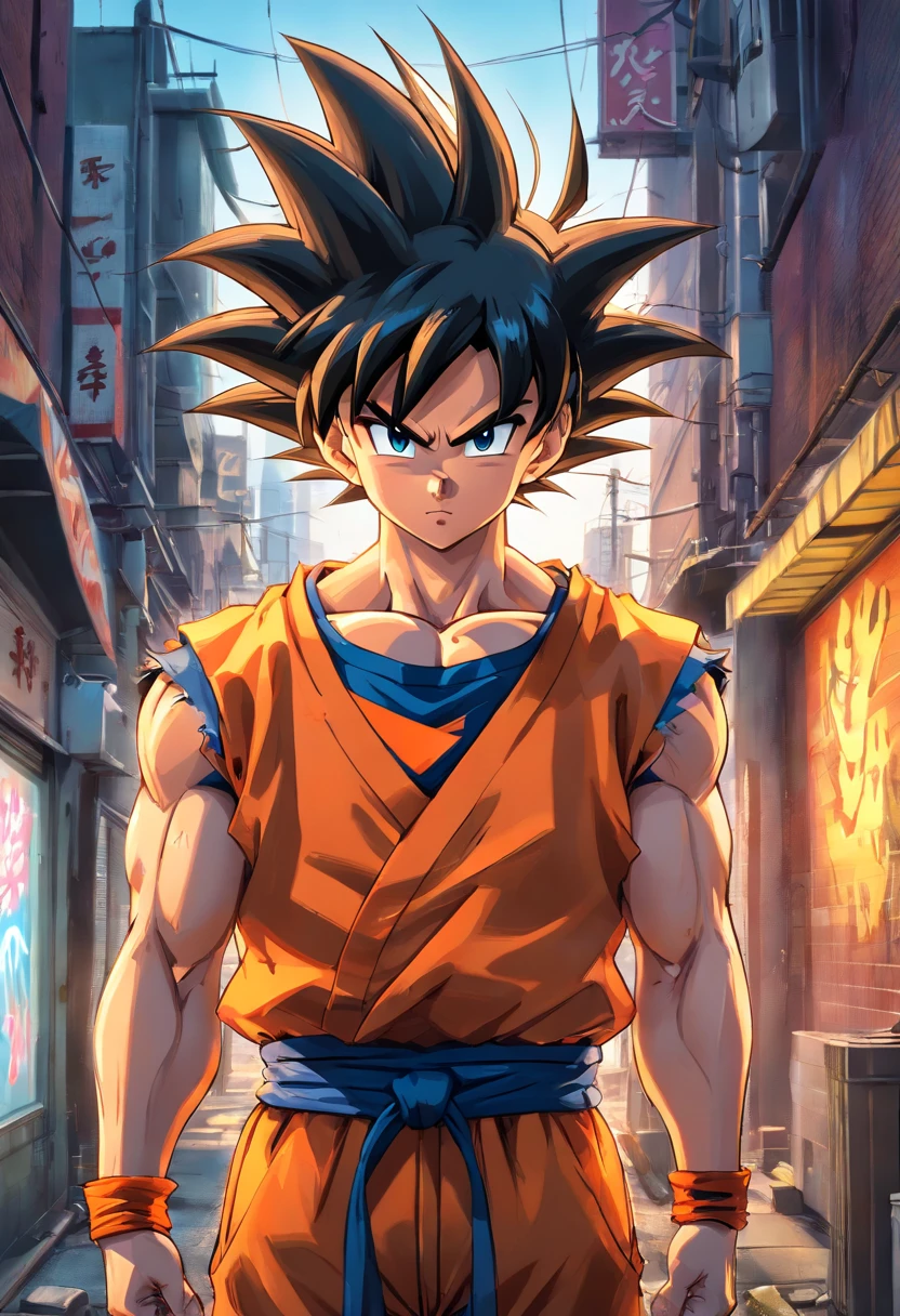 (realistic,photorealistic:1.37),ultra-detailed,detailed illustration of Goku(detailed,emotional,expressive,characteristic),with streetwear style clothes(fashionable,urban,casual),standing in a narrow alley(shadowy,gritty,urban),created with detailed shading and textures(detailed lines,textured surfaces),vivid colors with a mix of vibrant street art tones(graffiti,pop art,urban art),exuding an aura of power(powerful,energetic,dynamic presence). The lighting in the scene should be dramatic and focused, with strong contrasts between light and shadow (dramatic lighting,high contrast lighting). The overall image quality should be of the highest standard (best quality,4k,8k,highres,masterpiece:1.2), capturing every intricate detail of Goku's face, hairstyle, clothing, and muscular physique(additional tags for Goku: spiky hair, muscular build, confident expression, determined eyes). The atmosphere of the alley should reflect an urban and gritty environment, with hints of a city skyline in the background.