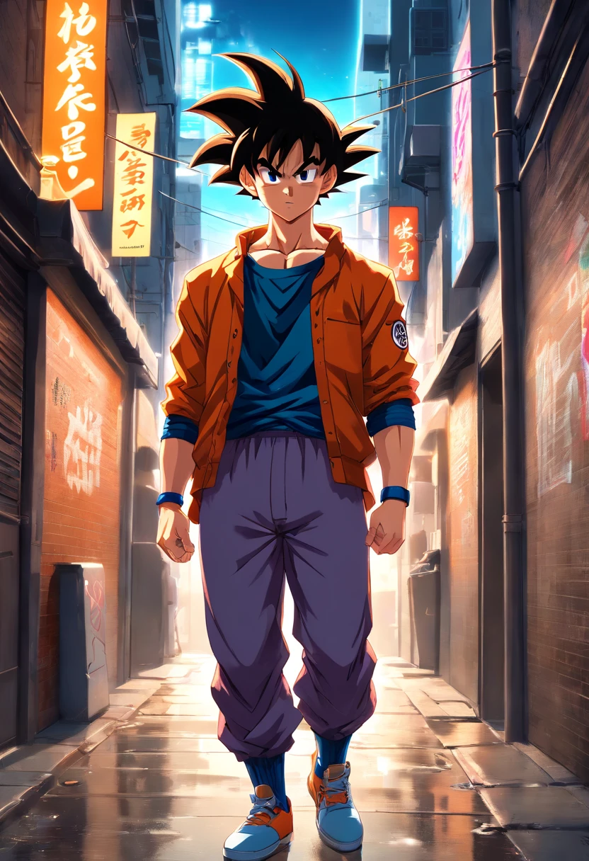 (realistic,photorealistic:1.37),ultra-detailed,detailed illustration of Goku(detailed,emotional,expressive,characteristic),with streetwear style clothes(fashionable,urban,casual),standing in a narrow alley(shadowy,gritty,urban),created with detailed shading and textures(detailed lines,textured surfaces),vivid colors with a mix of vibrant street art tones(graffiti,pop art,urban art),exuding an aura of power(powerful,energetic,dynamic presence). The lighting in the scene should be dramatic and focused, with strong contrasts between light and shadow (dramatic lighting,high contrast lighting). The overall image quality should be of the highest standard (best quality,4k,8k,highres,masterpiece:1.2), capturing every intricate detail of Goku's face, hairstyle, clothing, and muscular physique(additional tags for Goku: spiky hair, muscular build, confident expression, determined eyes). The atmosphere of the alley should reflect an urban and gritty environment, with hints of a city skyline in the background.