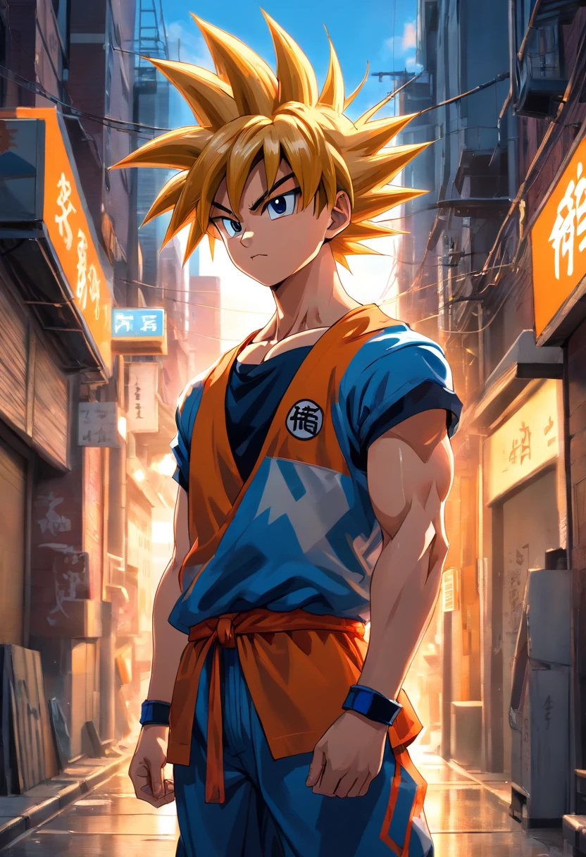 (realistic,photorealistic:1.37),ultra-detailed,detailed illustration of Goku(detailed,emotional,expressive,characteristic),with streetwear style clothes(fashionable,urban,casual),standing in a narrow alley(shadowy,gritty,urban),created with detailed shading and textures(detailed lines,textured surfaces),vivid colors with a mix of vibrant street art tones(graffiti,pop art,urban art),exuding an aura of power(powerful,energetic,dynamic presence). The lighting in the scene should be dramatic and focused, with strong contrasts between light and shadow (dramatic lighting,high contrast lighting). The overall image quality should be of the highest standard (best quality,4k,8k,highres,masterpiece:1.2), capturing every intricate detail of Goku's face, hairstyle, clothing, and muscular physique(additional tags for Goku: spiky hair, muscular build, confident expression, determined eyes). The atmosphere of the alley should reflect an urban and gritty environment, with hints of a city skyline in the background.