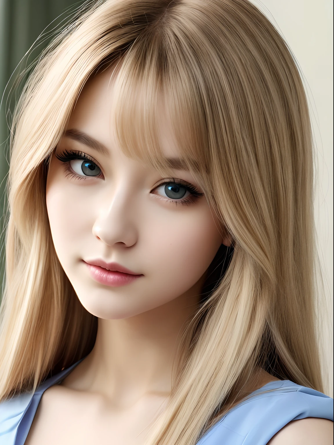 photorealisim、top-quality、超A high resolution、a picture、Photo of an exquisitely beautiful Nordic-born girl、Detailed cute and beautiful face、(pureerosface_v1:0.008)、Beautiful bangs、alice in the wonderland、years、Glowing white shiny skin、bangss、Attractive Natural Platinum Blonde Super Long Straight Silky Hair、finer hair、Attractive beautiful bright clear light blue big eyes、White Apron、a blue dress、eye liner、Double eyelids、Lush bust