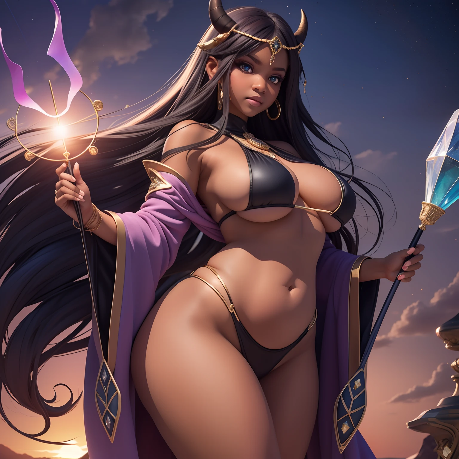 (masterpiece), best quality, expressive eyes, perfect face, circlet, black skinned woman looking at the sun during a sunset (awed expression), wearing a purple cropped robe with pink jewels integrated along the sleeves,  no under garments, ((sideboob)), ((underboob)), fairy mountains in the background, long flowing white hair with bangs, chubby body, glowing blue magical staff with a  kite shaped crystal on top in her left hand, (ebony skin), (dark chocolate skin), (black skin), curvy body, expressive orange eye, (midnight skin), (no white skin), (no tan skin), (no porcelain skin), radiant black and blue halo above her head, black and red dragon horns, fat body, love handles, full body,
