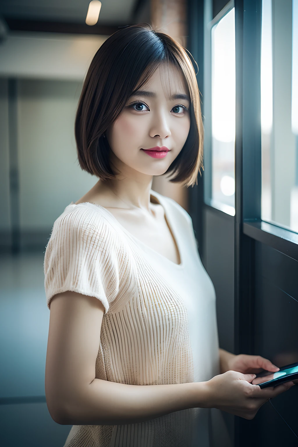 ((Best quality, 8k, Masterpiece: 1.3)), Sharp focus: 1.2, 1 aespa girl, beautiful face girl, cute face, age 28, small breasts, flat chest, brunette short hair, sitting chair, white summer casual shirt, office room, books, sunlight, dramatic angle, kindness, cinematic lighting, from below, (8k, masterpiece, best quality, raw photo)