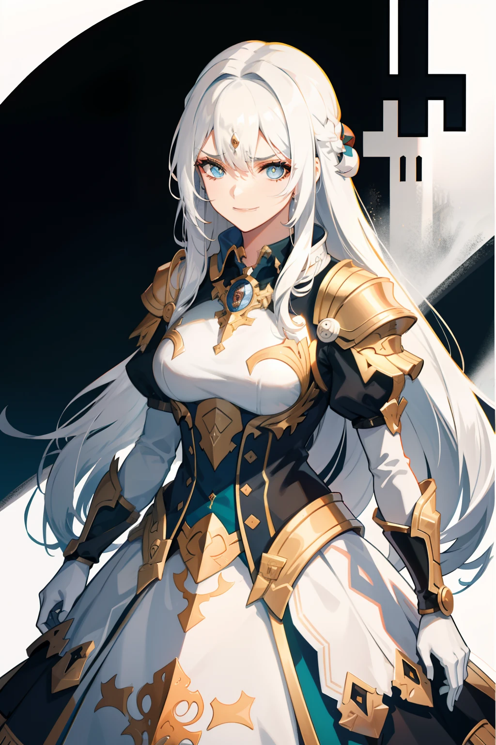 Menina, flowing white hair, olhos azuis ,armadura branca de couro, cavaleira, anime, seios grandes, castelo, olhos extremamente detalhados, rosto lindo, cabelo comprido, arrogant expression, sorriso arrogante, detailed hands, decote grande, peitos grandes, armadura detalhada, corpo inteiro