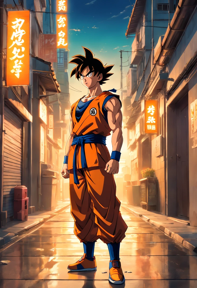 (Realistic,fotorrealista:1.37),ultra-detalhado,Detailed illustration of Goku(circunstanciado,emocional,Expressivo,feature),com roupas estilo streetwear(fashionable,Urbano,casual),Standing in a narrow alley(sombrio,corajoso,Urbano),criado com sombreamento e texturas detalhadas(linhas detalhadas,textured surfaces),cores vivas com uma mistura de tons vibrantes de arte de rua(grafity,Arte Pop,arte Urbanoa),exalando uma aura de poder(poderoso,Energetic,Dynamic presence). The lighting in the scene should be dramatic and focused, com fortes contrastes entre luz e sombra (dramatic lighting,High contrast lighting). Overall image quality should be of the highest standard (best quality,4k,8k,Altas,master part:1.2), capturando cada detalhe intrincado do rosto de Goku, penteado, garments, and muscular physique(tags adicionais para Goku: cabelo espetado, muscular build, confident expression, Olhos determinados). A atmosfera do beco deve refletir um ambiente Urbanoo e arenoso, with hints of a city skyline in the background.