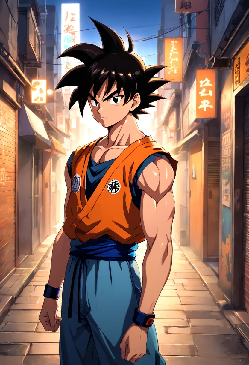 (Realistic,fotorrealista:1.37),ultra-detalhado,Detailed illustration of Goku(circunstanciado,emocional,Expressivo,feature),com roupas estilo streetwear(fashionable,Urbano,casual),Standing in a narrow alley(sombrio,corajoso,Urbano),criado com sombreamento e texturas detalhadas(linhas detalhadas,textured surfaces),cores vivas com uma mistura de tons vibrantes de arte de rua(grafity,Arte Pop,arte Urbanoa),exalando uma aura de poder(poderoso,Energetic,Dynamic presence). The lighting in the scene should be dramatic and focused, com fortes contrastes entre luz e sombra (dramatic lighting,High contrast lighting). Overall image quality should be of the highest standard (best quality,4k,8k,Altas,master part:1.2), capturando cada detalhe intrincado do rosto de Goku, penteado, garments, and muscular physique(tags adicionais para Goku: cabelo espetado, muscular build, confident expression, Olhos determinados). A atmosfera do beco deve refletir um ambiente Urbanoo e arenoso, with hints of a city skyline in the background.