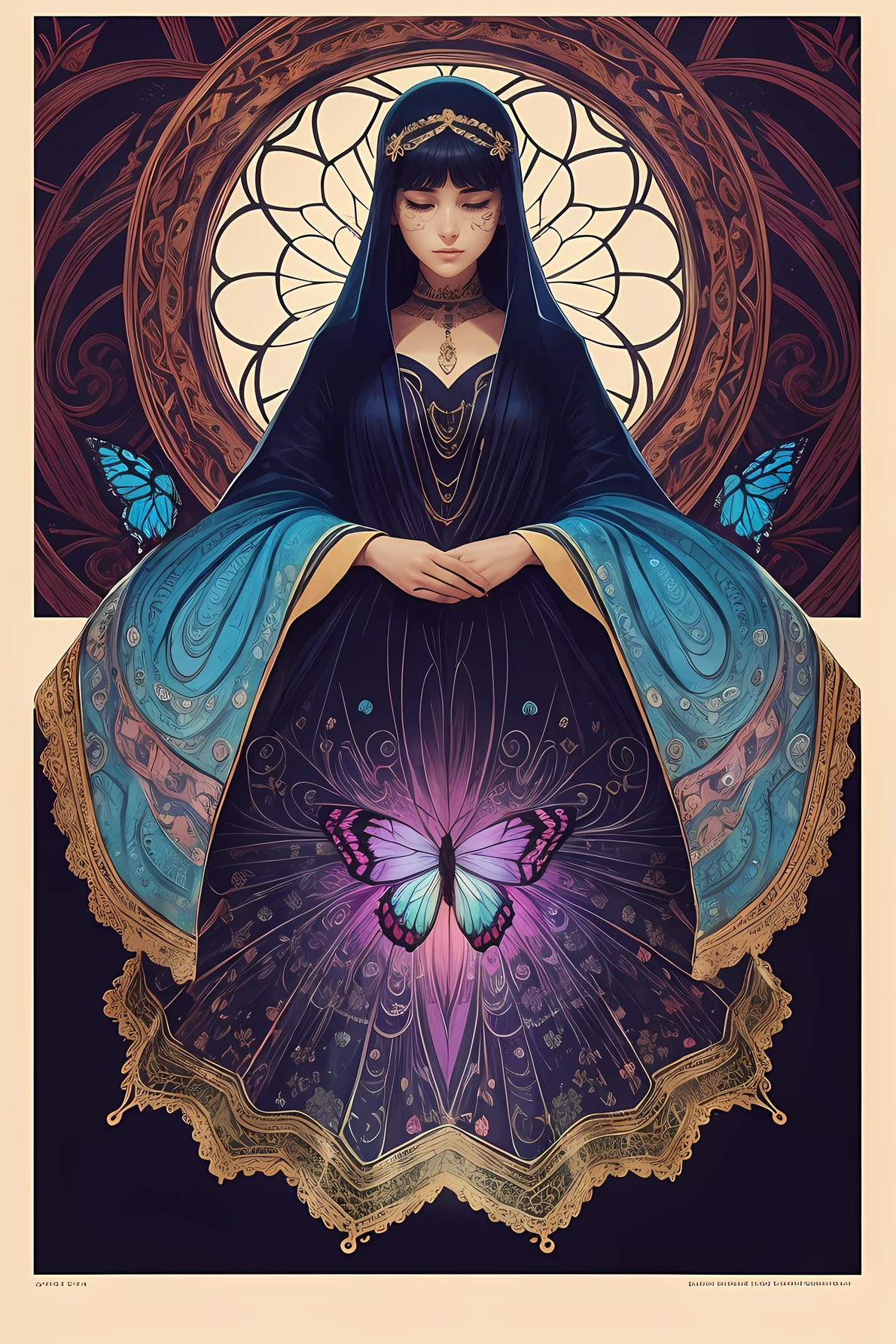 a striking contrast between reality and fantasy. The woman, whose face is hidden from view, represents the ordinary and mundane aspects of life. She is silent and anonymous, blending in with the background. The butterfly, on the other hand, is a symbol of beauty and freedom. It is drawn with exquisite detail and realism, capturing its vibrant colors and patterns. It stands out from the rest of the image, drawing attention to itself. The butterfly rests on the woman’s head, suggesting a connection between them. Perhaps the woman is dreaming of being like the butterfly, or perhaps the butterfly is a manifestation of her inner self. The image invites the viewer to wonder about the story behind this mysterious encounter.