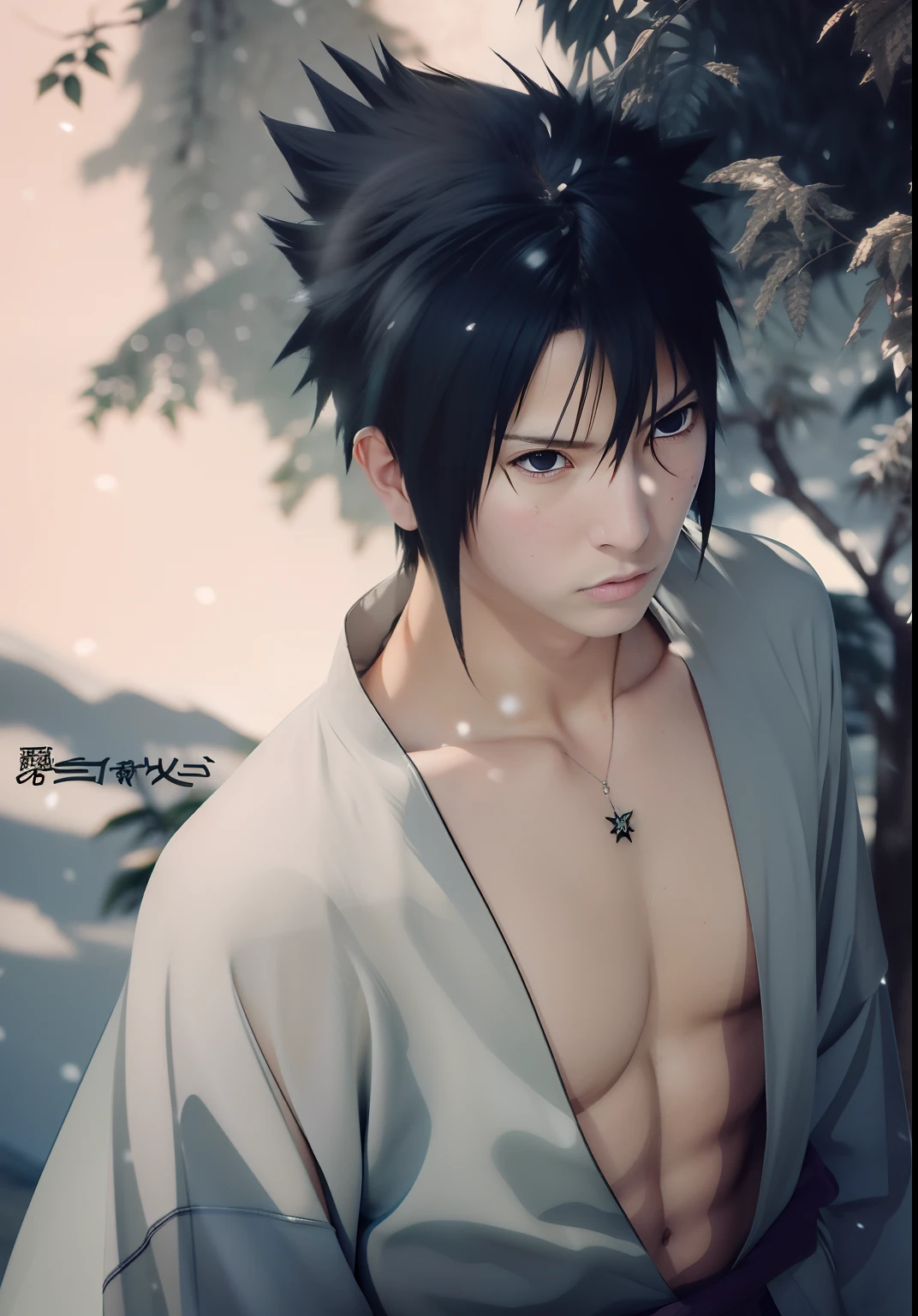 Uchiha sasuke. A man is standing under a tree. She had black hair. That poking out. He wears. Typical Japanese men dressed in white with their chests ripped open. Showing her deep chest. And sispek. It was as though he was looking intently at his opponent. White as snow. And little lips. He looks so handsome. cool. And realistic