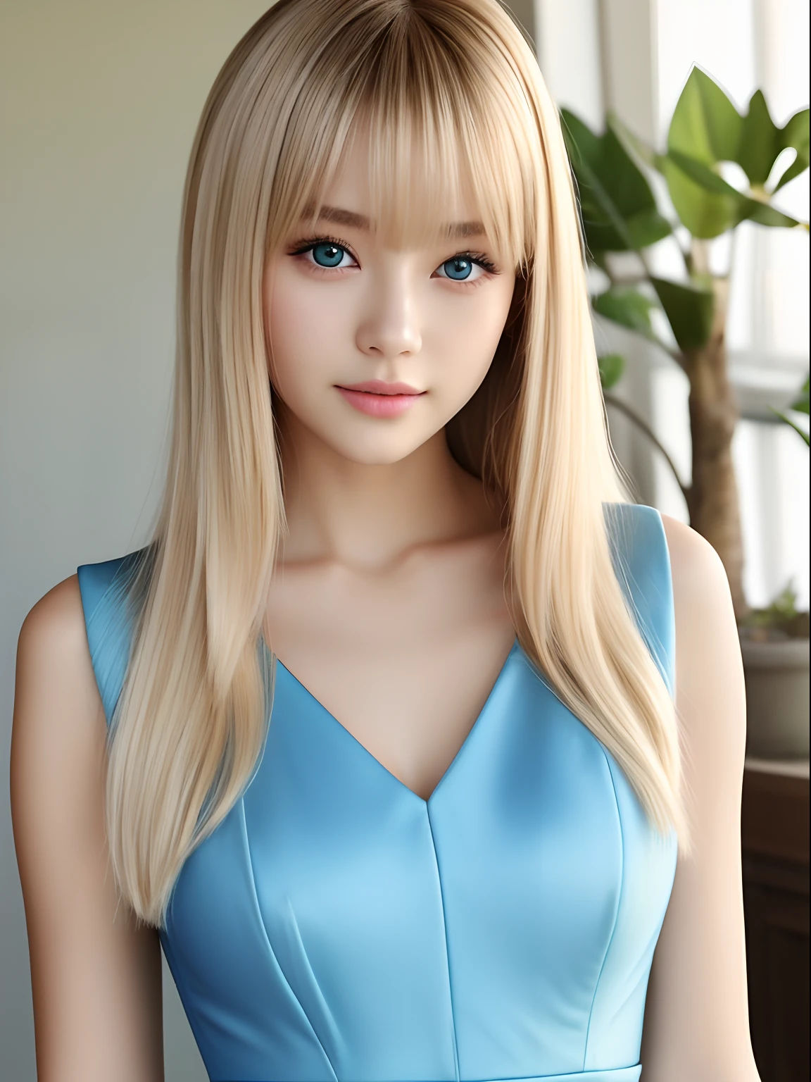 photorealisim、top-quality、超A high resolution、a picture、Photo of an exquisitely beautiful Nordic-born girl、Detailed cute and beautiful face、(pureerosface_v1:0.008)、Beautiful bangs、alice in the wonderland、13years、Glowing white shiny skin、bangss、Attractive Natural Platinum Blonde Super Long Straight Silky Hair、finer hair、Attractive beautiful bright clear light blue big eyes、a blue dress、eye liner、Double eyelids、Lush bust