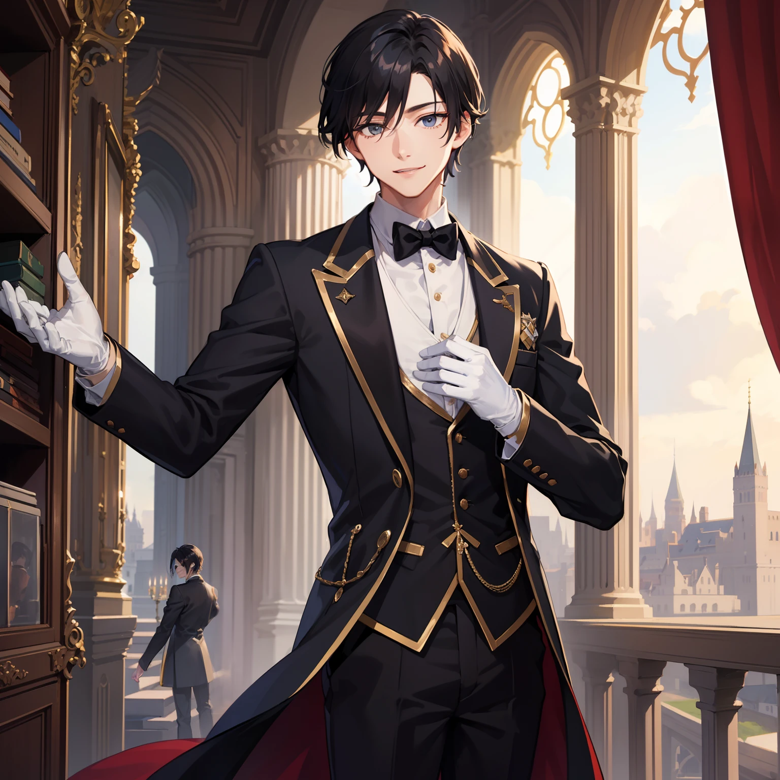 top-quality,One Boy,male people,A dark-haired,shorth hair,Bangs center parting,grey eyes,tailcoat,deacon,white glove,Smiling face,Castles