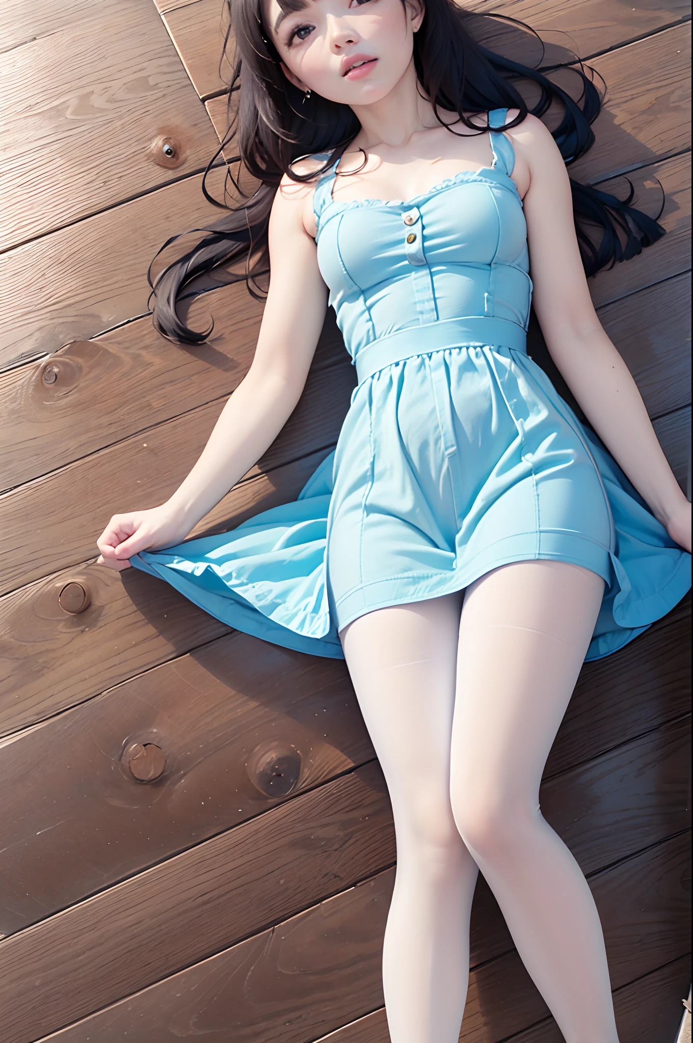 Photo of Pho3B3Cat3S, Beautiful woman, ((24 years old)), street, Short blue skirt,Blue sailor suit, Long waves,Black double ponytail, (Masterpiece), (Extremely detailed Cg Unity 8K wallpaper), iintricate, ((Photorealistic)),Perfect lighting, Solo, shiny long black hair、a cute young woman,stocklings，lacepantyhose