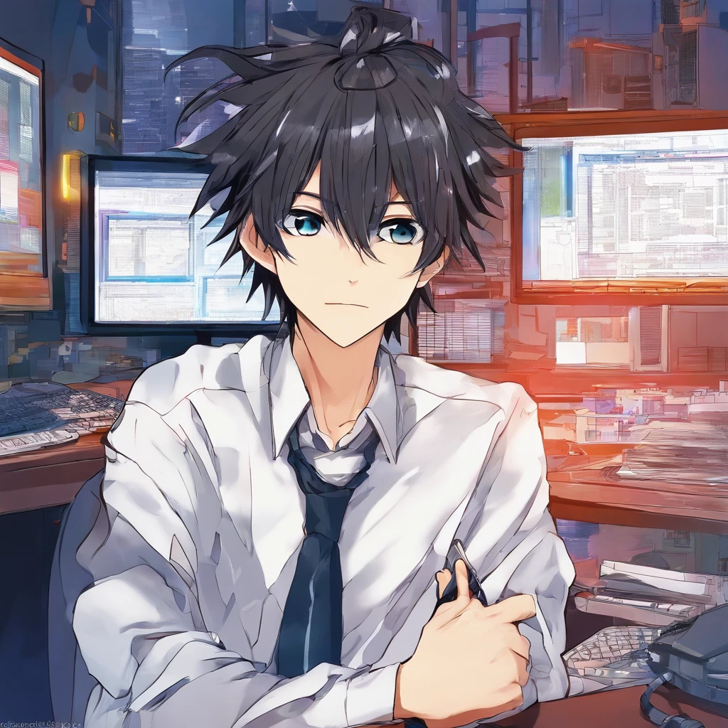 19 years old, teenager, guy with tied-up hair, with a desk microphone, in a nighttime room, face lit up, PC by the side