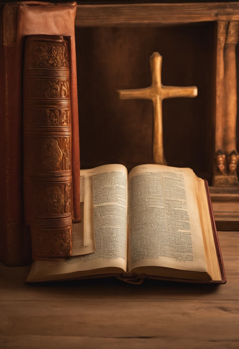 "Por favor, create a high-definition image of the Holy Bible that captures the reverence and spiritual significance of this holy book. The image should convey the historical and religious importance of the Bible, apresentando-a de forma digna e respeitosa. Use soft lighting to highlight cover and page details, enfatizando sua textura e envelhecimento, if applicable. Position the Bible in an environment that evokes a sacred environment, como uma prateleira de madeira em uma biblioteca antiga ou um altar iluminado. As cores devem ser sutis e a tipografia, Apresente-se, deve ser elegante e discreta. The image should inspire a sense of reverence and spiritual connection to the words and teachings contained in the Holy Bible."