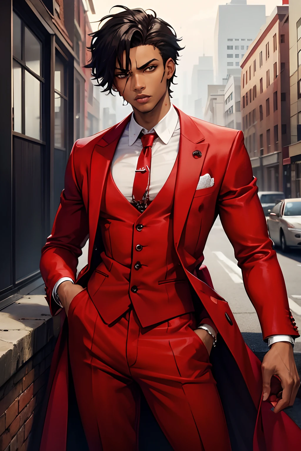 Red suit, black young man, messy hair, show, jojo pose, man, drip, defined