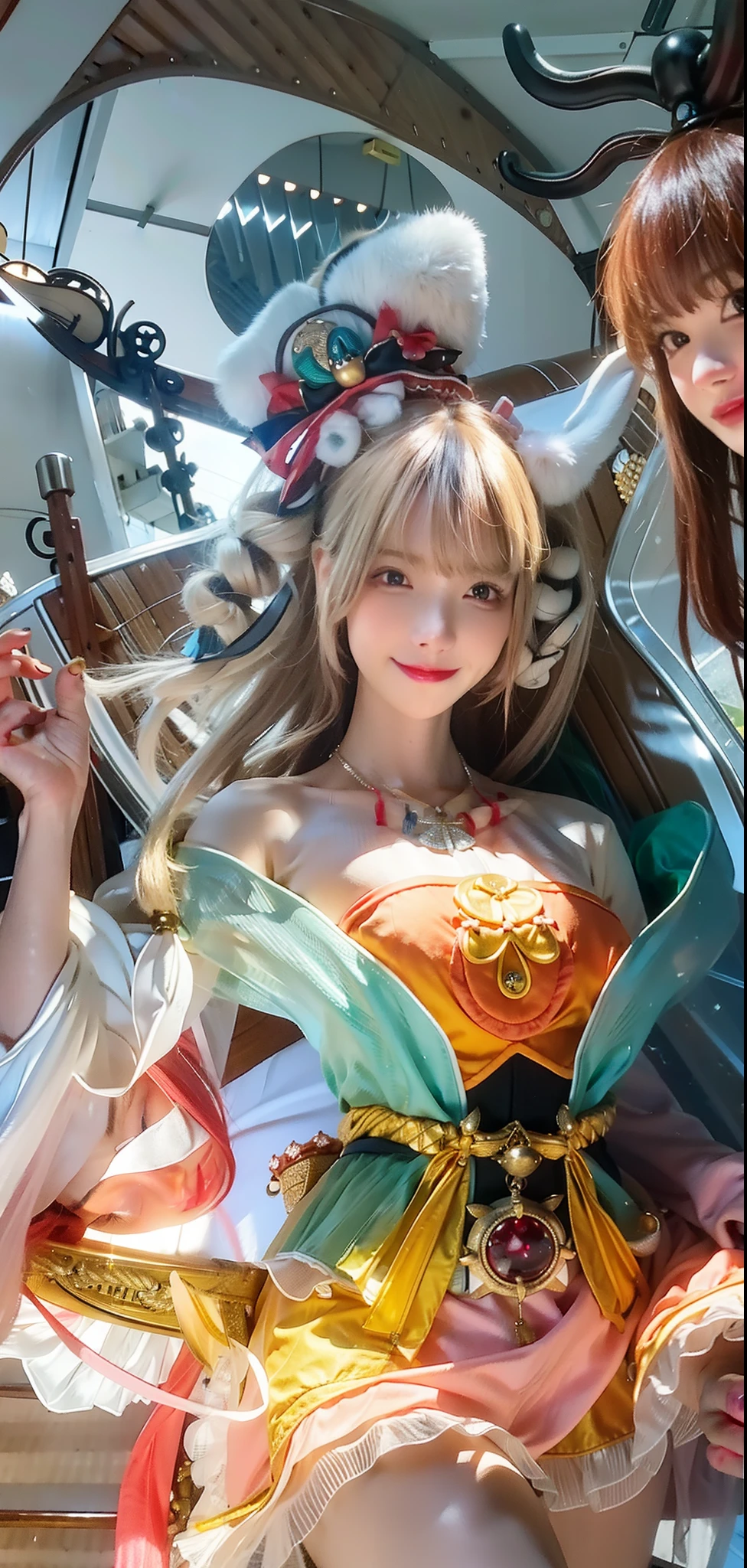 (8k, 4k, best quality, highres:1.2), (maasterpiece, realistic, photo realistic:1.37), 1girl, solo, beautiful face, eyelashes, nose, glossy lips, (detailed eyes, looking at viewer, fair skin, white skin:1.5), fine complexion, upper body,
large breasts, busty,, (:1.5),
outdoor onsen,
two side up, absurdly long hair, blonde hair, pink hair, bangs, hair ornament, bow,
younger, aged down,