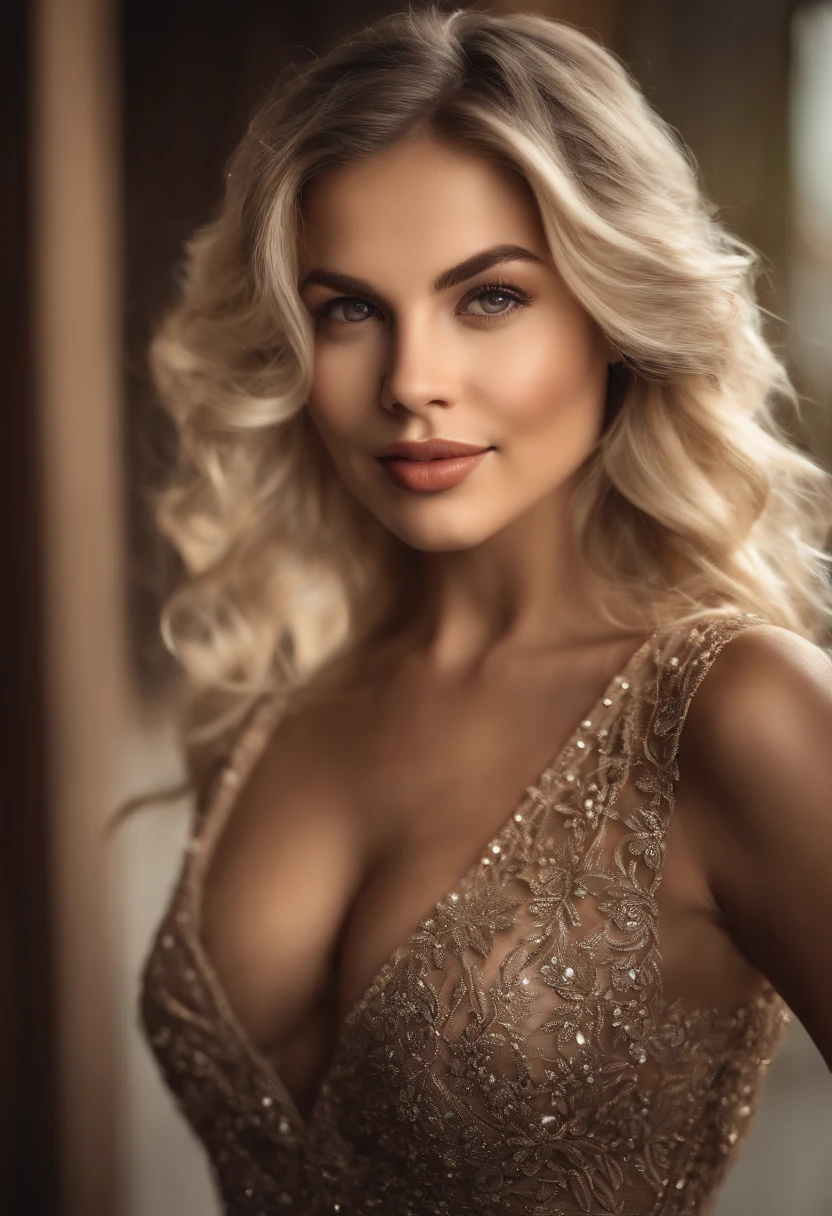 profissional, (4K Photo:1.1) por (Jeremy Lipking:0.3), (Dittmann Anna:0.3), (Marcos Ariano:0.3), (foco nítido:1.3), High detail, Usando (camisa decotada:1.2), Rosto bonito e detalhado, hazelnut eyes, longos cabelos loiros, (mulher jovem atraente:1.3), (sedutor:1.1), (Corar:1.1), Forma do corpo da ampulheta, grandes seios grandes redondos, quadris largos, mulher de vestido curto posando no clube, Deusa loira, roupa apertada, traje apertado, vestido apertado sorrindo sedutoramente, cara bonita, perfeita de cabelos brancos, Pose satisfeita, sorriso bonito e sedutor, menina bonita, good young girl, beautiful angle, pose atraente, menina bonite sexy, uma loira linda, imagem de corpo inteiro, corpo inteiro