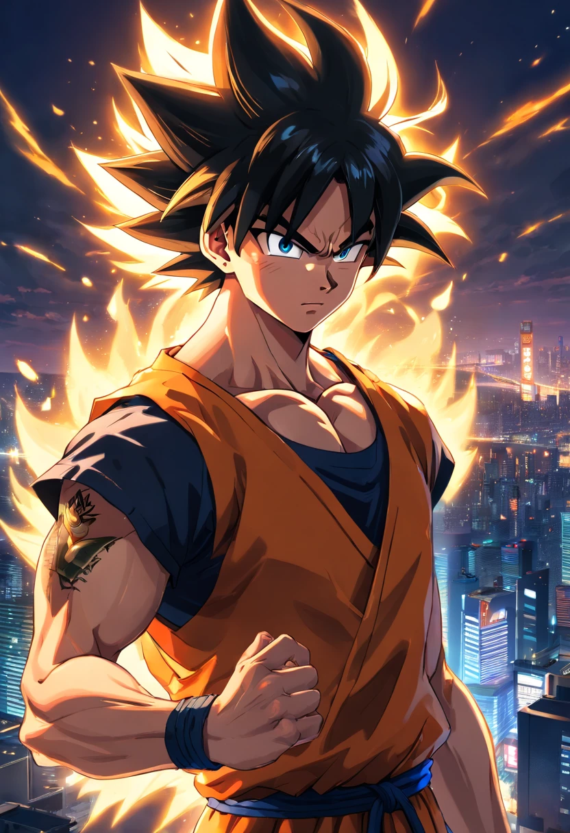 (best quality,4k,highres,masterpiece:1.2),ultra-detailed,(realistic,photorealistic:1.37),Goku with mafia-style clothing, black clothing, wristwatch, incredible details, perfect eyes, portraits,vivid colors,sharp focus,physically-based rendering,detailed hair,Men,dragonball Z character,martial artist,spikey hair, intense eyes, powerful,super saiyan,golden aura,anime style,background scene,night cityscape,mafia aesthetic,street lights,artificial light sources,creating dramatic effect, vibrant colors, tattoos, yakuza style, dark and mysterious atmosphere,criminal underworld,confident expression,swaggering posture,city skyline,sleek and stylish appearance,A detailed artwork of Goku in mafia-style clothing, wearing black clothes and a wristwatch. The artwork features incredible details, such as perfectly rendered eyes and hair. The portrait of Goku is done in a realistic and photorealistic style, with sharp focus and vivid colors. The artist has paid special attention to every aspect of Goku's appearance, from his spikey hair to his intense eyes. Goku is portrayed as a powerful martial artist with a golden aura, representing his Super Saiyan form. The artwork is done in an anime style, with a background scene depicting a night cityscape. The city is lit up by street lights and other artificial light sources, creating a dramatic effect. The vibrant colors and tattoos on Goku's body give the artwork a Yakuza-style mafia aesthetic, evoking a dark and mysterious atmosphere. Goku's confident expression and swaggering posture convey his status as a formidable figure in the criminal underworld. The city skyline in the background adds to the sleek and stylish appearance of the artwork.