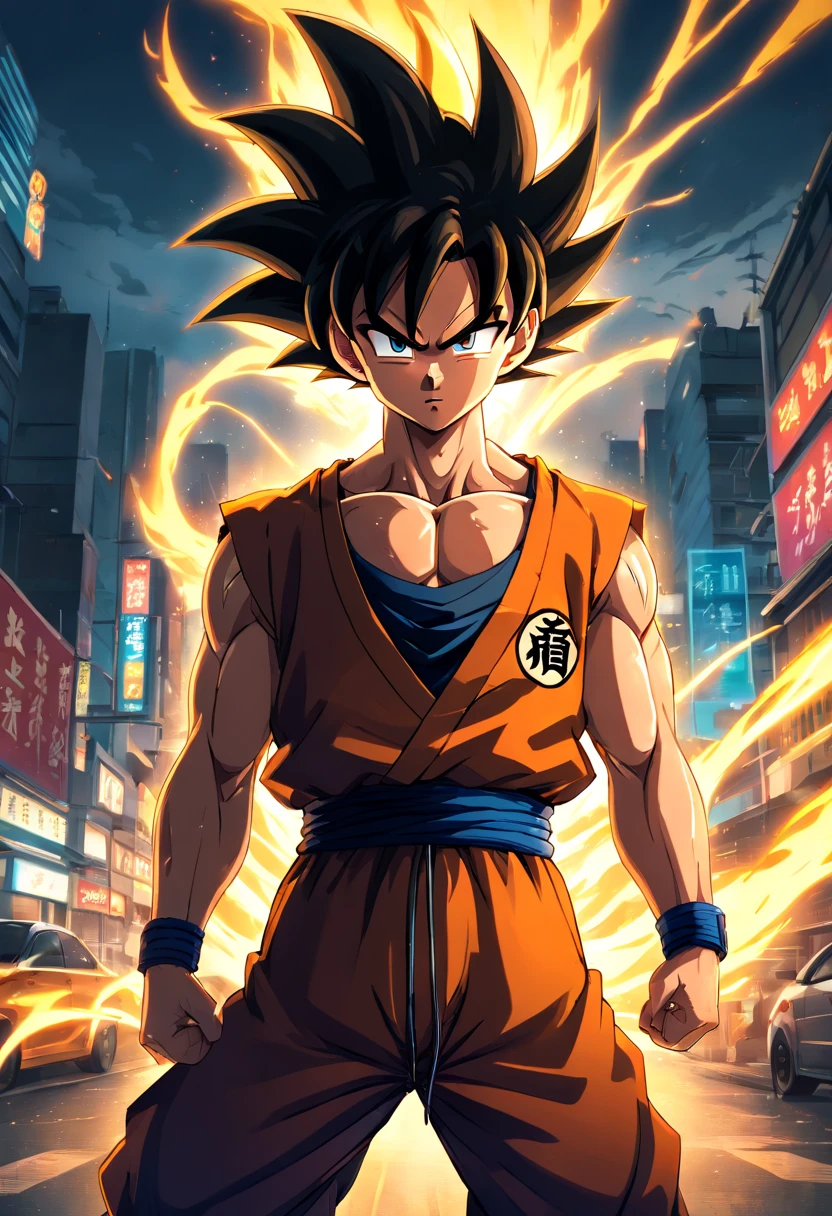 (best quality,4k,highres,masterpiece:1.2),ultra-detailed,(realistic,photorealistic:1.37),Goku with mafia-style clothing, black clothing, wristwatch, incredible details, perfect eyes, portraits,vivid colors,sharp focus,physically-based rendering,detailed hair,Men,dragonball Z character,martial artist,spikey hair, intense eyes, powerful,super saiyan,golden aura,anime style,background scene,night cityscape,mafia aesthetic,street lights,artificial light sources,creating dramatic effect, vibrant colors, tattoos, yakuza style, dark and mysterious atmosphere,criminal underworld,confident expression,swaggering posture,city skyline,sleek and stylish appearance,A detailed artwork of Goku in mafia-style clothing, wearing black clothes and a wristwatch. The artwork features incredible details, such as perfectly rendered eyes and hair. The portrait of Goku is done in a realistic and photorealistic style, with sharp focus and vivid colors. The artist has paid special attention to every aspect of Goku's appearance, from his spikey hair to his intense eyes. Goku is portrayed as a powerful martial artist with a golden aura, representing his Super Saiyan form. The artwork is done in an anime style, with a background scene depicting a night cityscape. The city is lit up by street lights and other artificial light sources, creating a dramatic effect. The vibrant colors and tattoos on Goku's body give the artwork a Yakuza-style mafia aesthetic, evoking a dark and mysterious atmosphere. Goku's confident expression and swaggering posture convey his status as a formidable figure in the criminal underworld. The city skyline in the background adds to the sleek and stylish appearance of the artwork.
