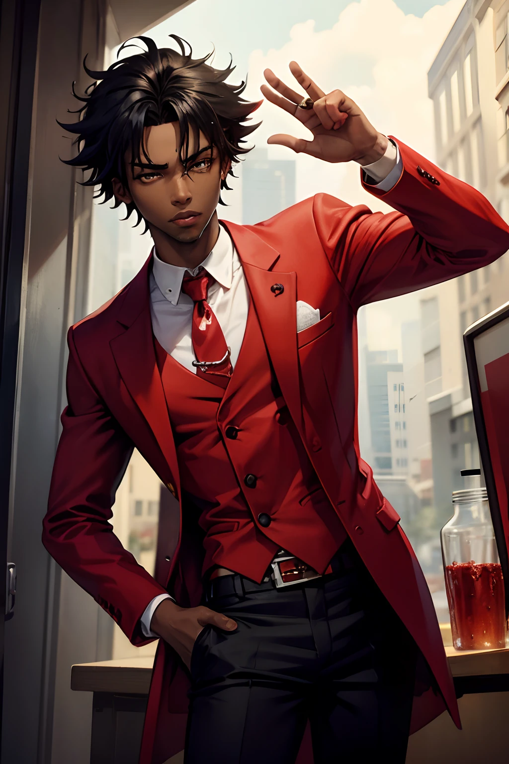 Red suit, black young man, messy hair, show, jojo pose, man, drip, defined