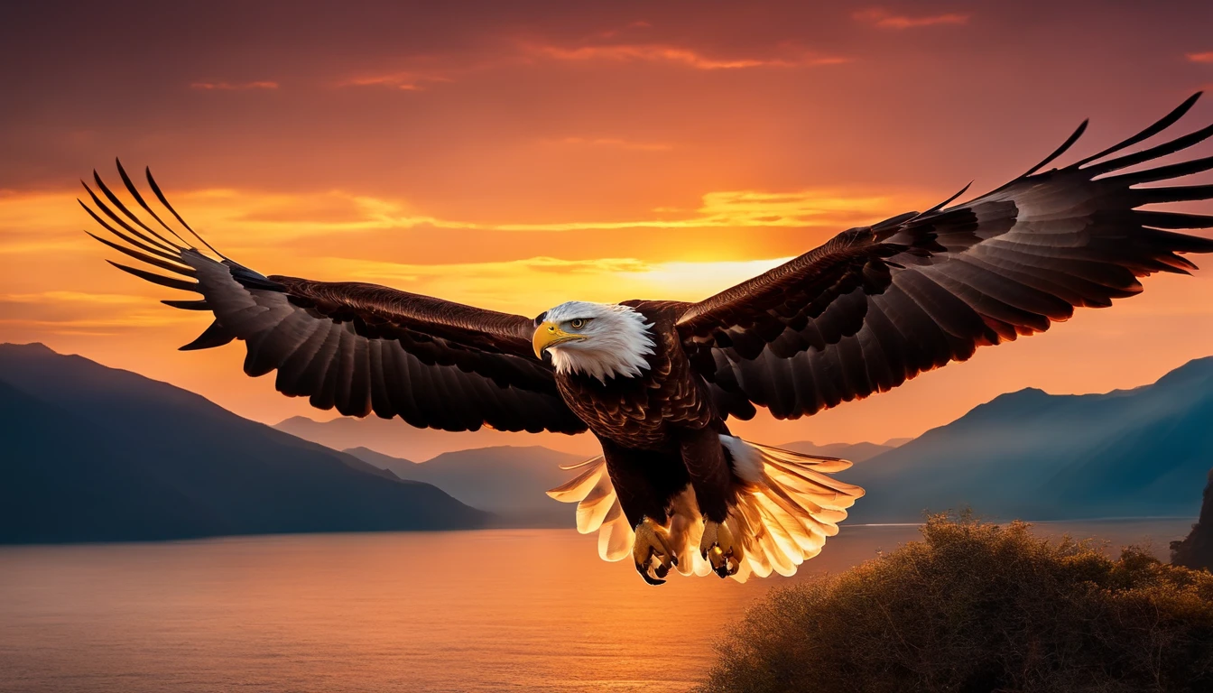(extremamente detalhado CG unidade 8k papel de parede, master part, best quality), stunning sunset, majestic eagle flying over the horizon.