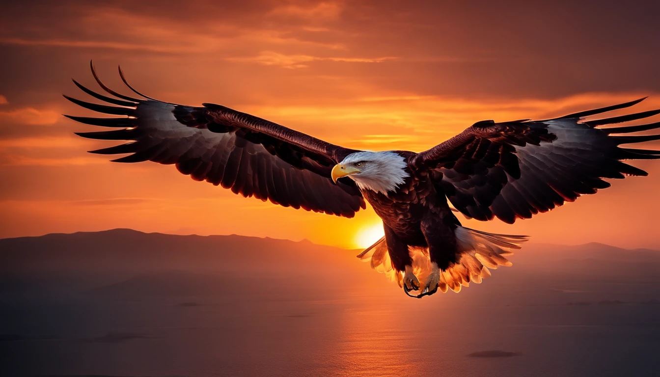 (extremamente detalhado CG unidade 8k papel de parede, master part, best quality), stunning sunset, majestic eagle flying over the horizon.