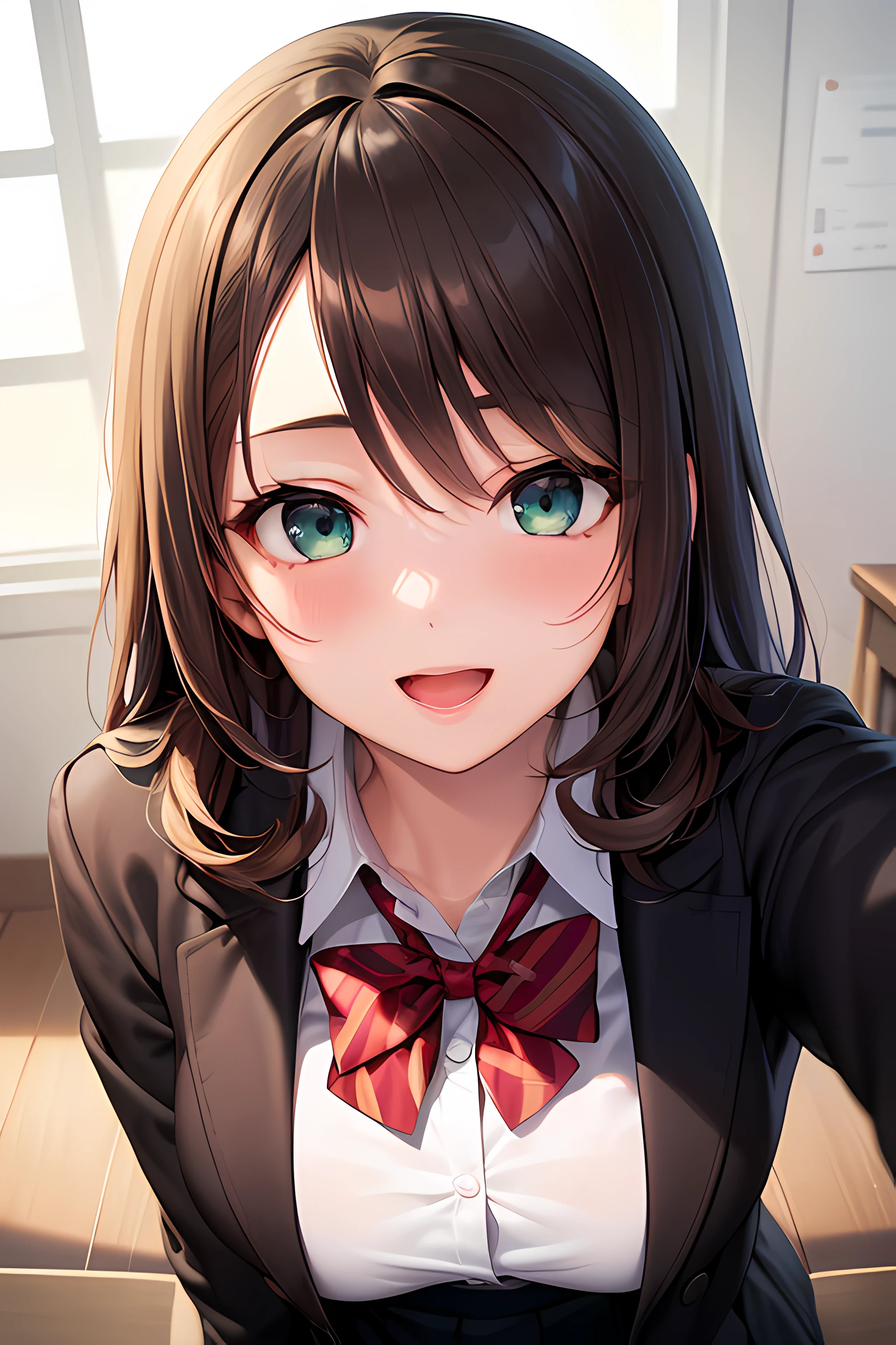 ((nsfw:1.2, masterpiece, best quality, highres, UHD, perfect pixel, depth of field, 4k, RTX, HDR))), 1girl, single, solo, beautiful anime girl, beautiful artstyle, anime character, ((long hair, bangs, dark brown hair, curly hair:0.8)), ((green eyes:1.4, detailed eyes, beautiful eyes, perfect eyes,curly eyelashes, realistic eyes)), ((detailed face, blushing:1.2)), ((smooth texture:0.75, realistic texture:0.5, anime CG style)), medium breasts, dynamic angle, busty, perfect body, dynamic pose, ((close up, POV, cute, shoot on face, smile, open mouth)), ((school uniform, black jacket, skirt, white shirt, red bowtie))