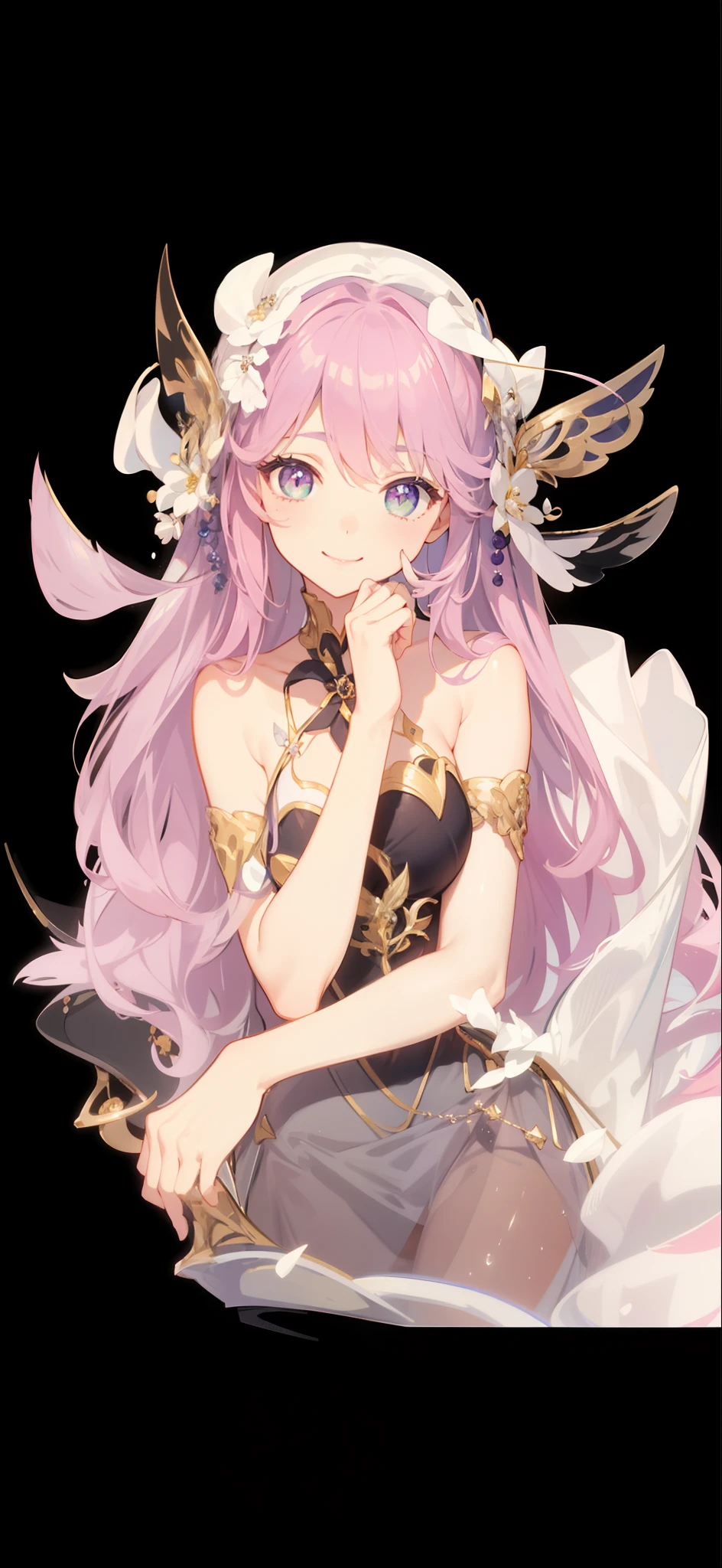 Meisterwerk, best qulaity, an extremely delicate and beautiful girl, ultradetailliert, sehr detailliertes Gesicht, best qulaity,high-res, extrem detailliert, 女の子1人, best qulaity, Illustration, dreamy view of the viewer, Leinwand, Realistisch, echt, Anime, a cute girl, Langes violettes Haar, crystallizes large eyes,Heart-shaped Pupils, a purple and green eye, langes, flowing long dress, volle Lippen, freundliches, soft smile, sweet and innocent, mit pony, Spind, Updo with loose strands, tanned, dreamy look, enchanting smile, best qulaity, romantisch