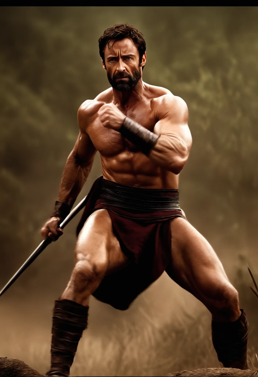 Hugh Jackman como personagem do filme 300 foto realista de corpo inteiro hd