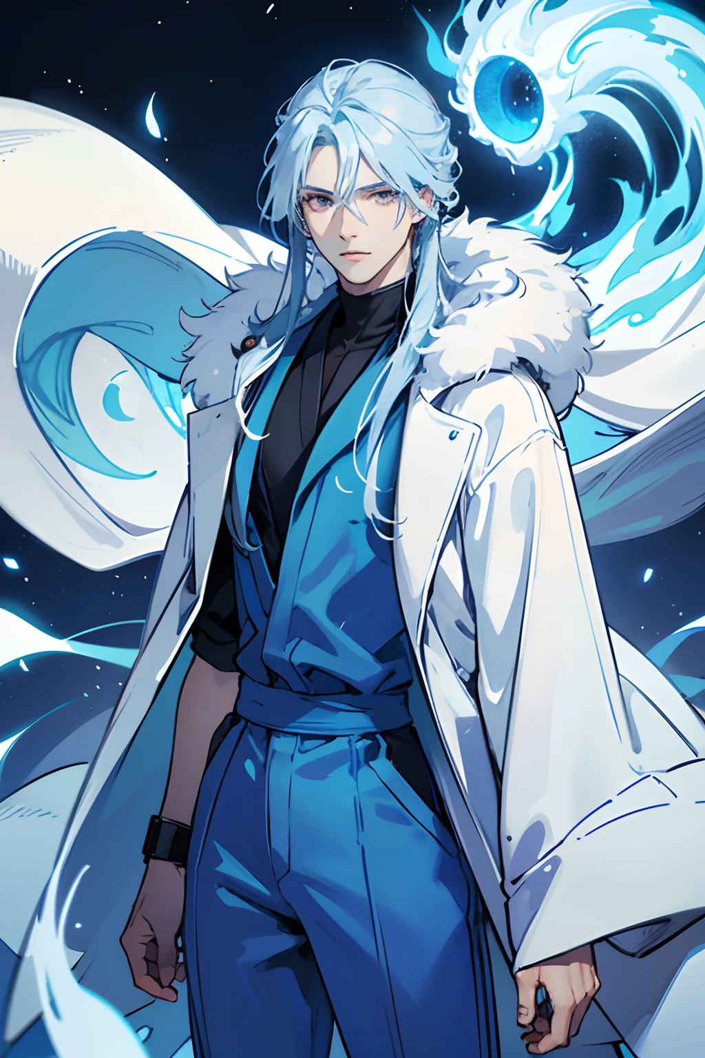 Handsome man ,light blue hair , long hair , yeallow eyes , mature woman ,pale skin , ((blue jumpsuit )), white fur scarf, Rimiru Tempest