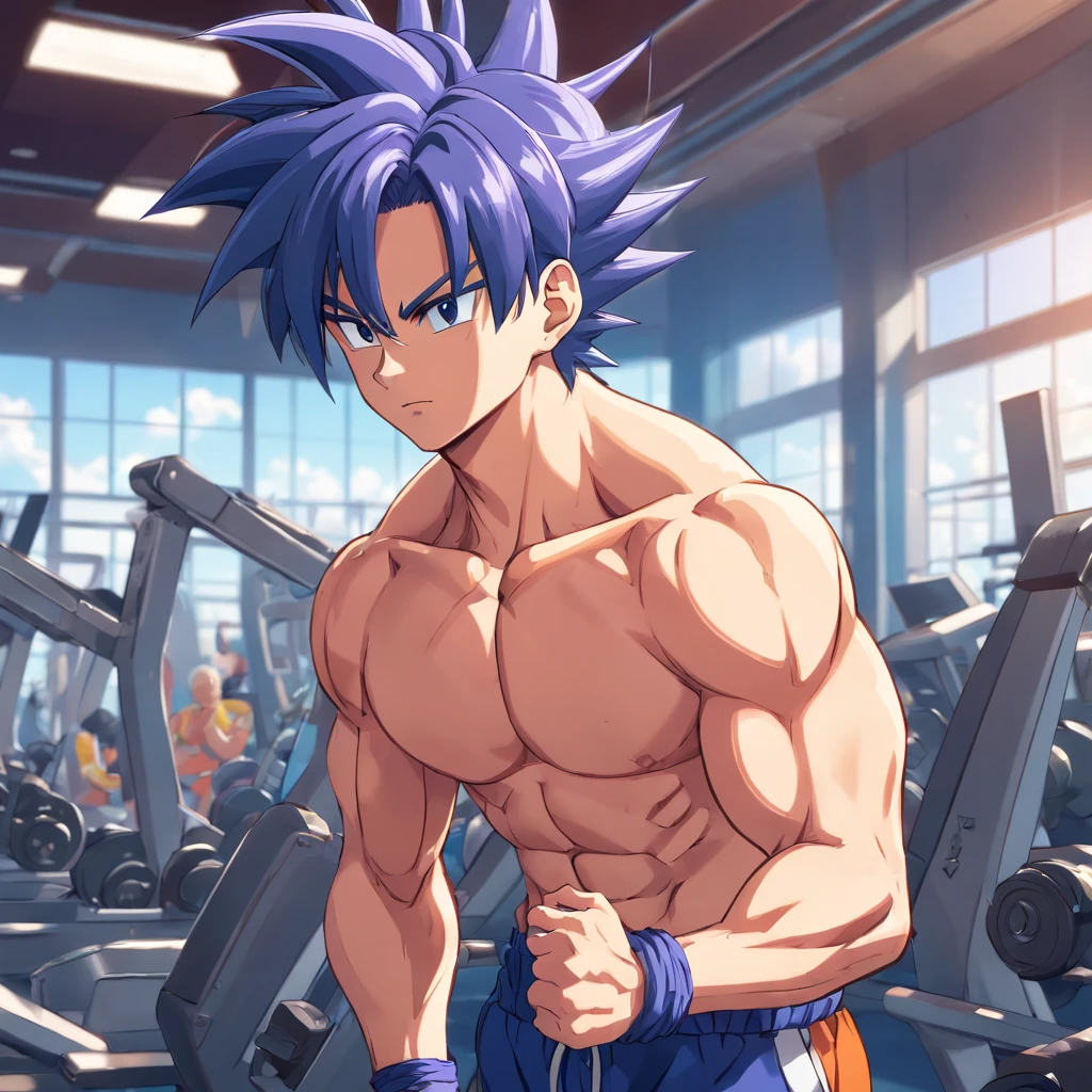 Trunks, Anime, Dragon Ball Z, Masculino, training intensely in a bodybuilding gym, expression serious, Well-defined and detailed muscles