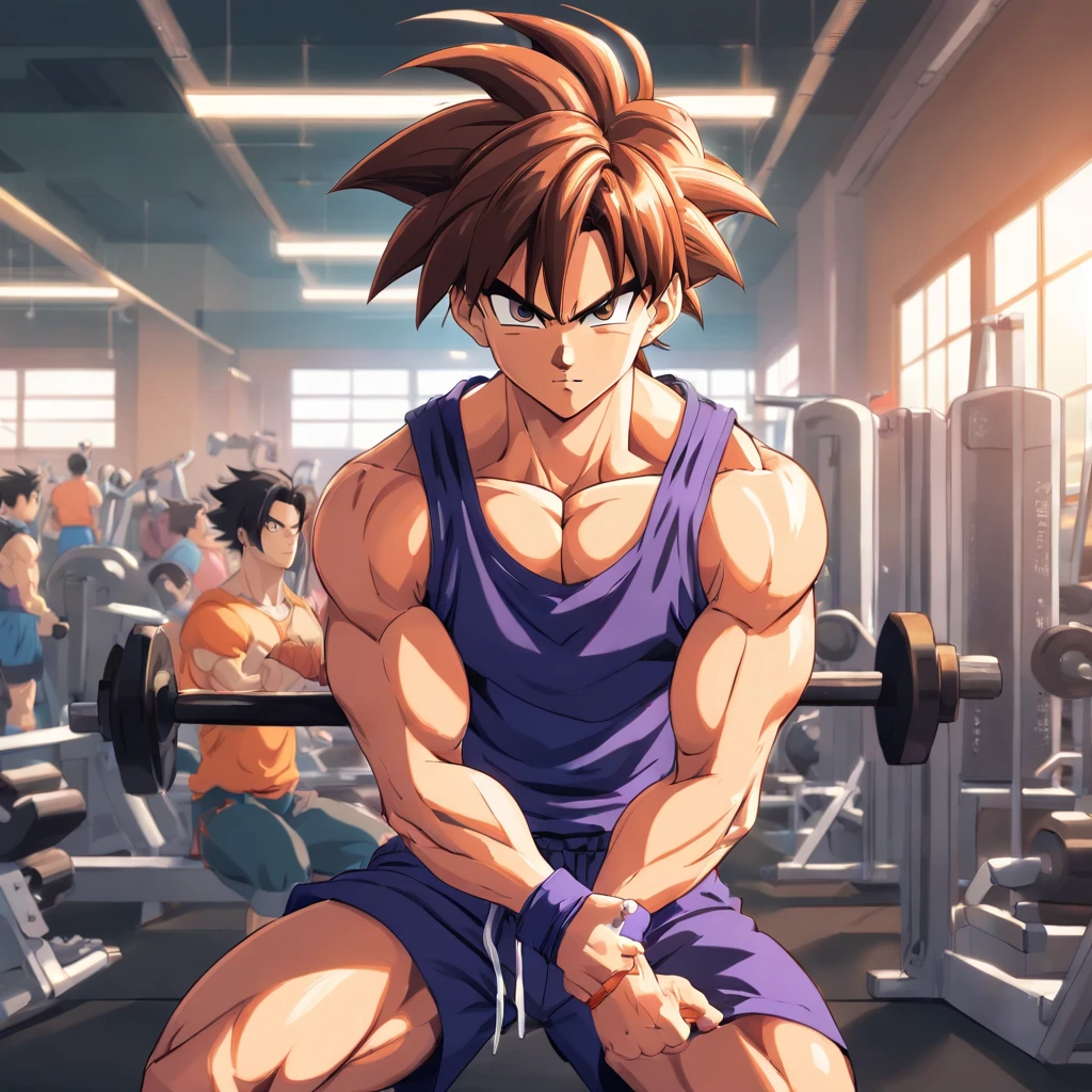 a detailed illustration Trunks, Dragon ball z, in gym clothes training intensely in a bodybuilding gym, corpo inteiro