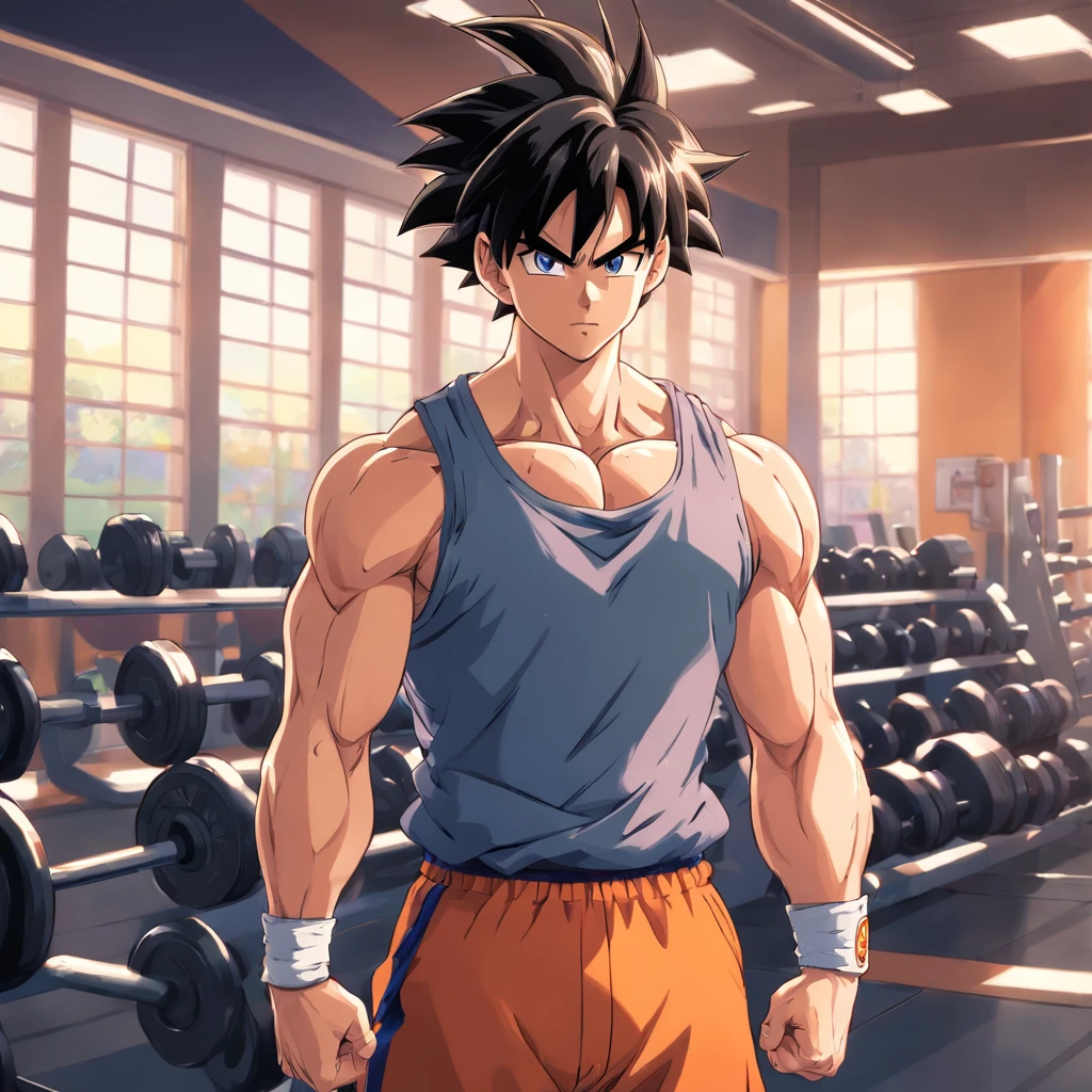a detailed illustration Trunks, Dragon ball z, in gym clothes training intensely in a bodybuilding gym, corpo inteiro